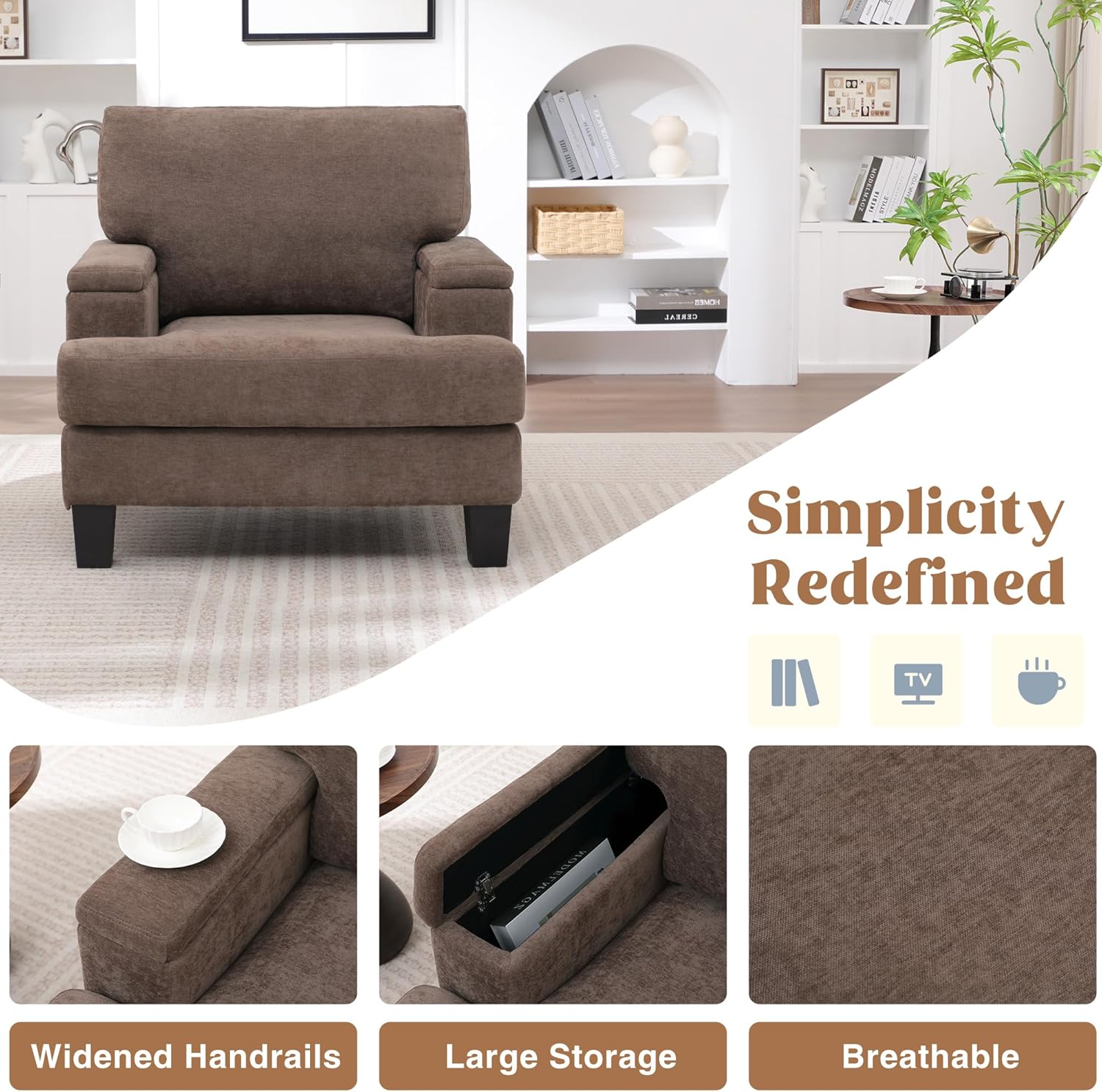 Accent Chair with Storage Armrest, Modern Upholstered Living Room Chairs, Comfy Large Armchair, Fabric Single Sofa ReadingChair for Bedroom, Dark Brown