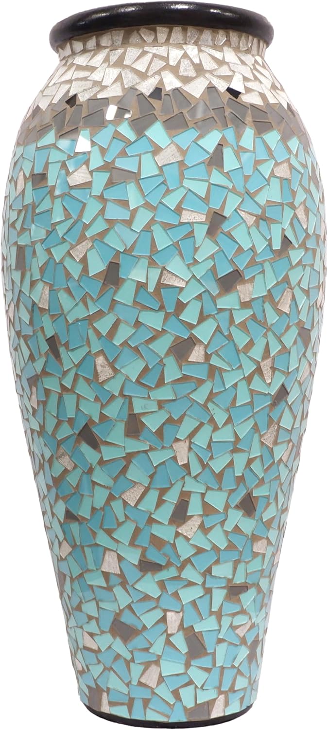 Floor Vase, 24 Inch Mosaic Vase – Tall Cylinder Made of Terracotta with Sky Blue and Teal Glass Mosaic Pieces – Handcrafted Decorative Home Décor Accent Piece for Bedroom, Living Room, Office