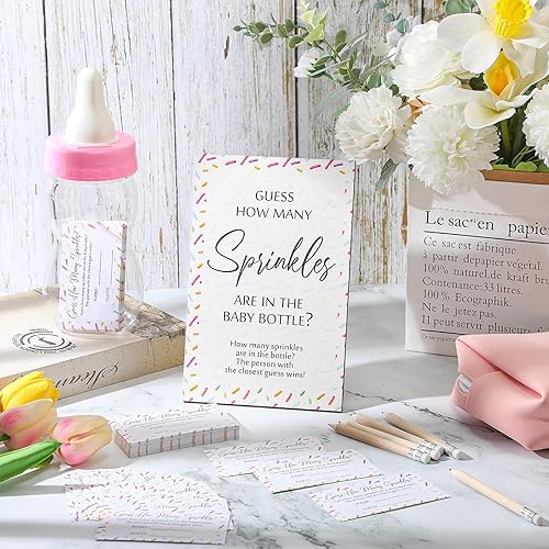 Miniatura 4 de Qilery 122 piezas de juegos de baby shower Adivina cuántos gránulos incluidos, letrero de pie, 100 tarjetas de adivinanza, 20 lápices, 1 biberón