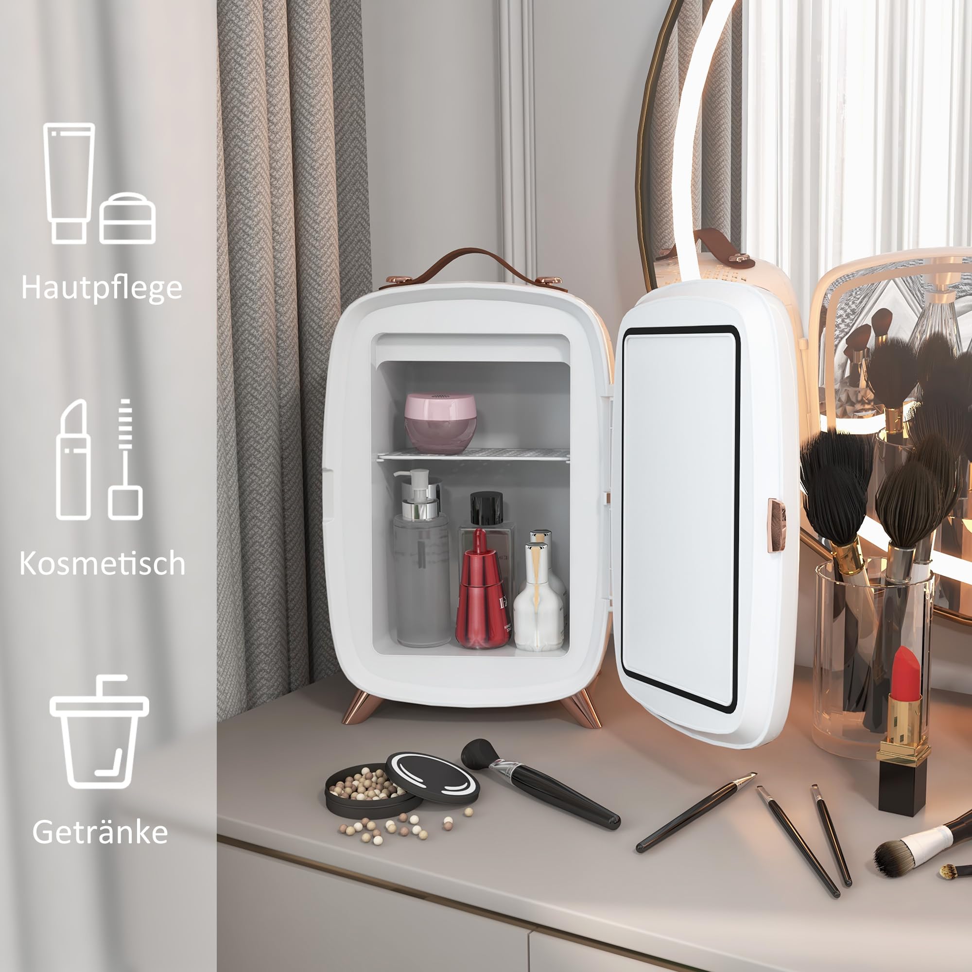 HOMCOM Mini Kühlschrank 6 Liter Kosmetik Kühlschrank mit LED Spiegel, Kühlfunktion, Skincare Fridge für Schlafzimmer, Hautpflege, Büro, Weiß