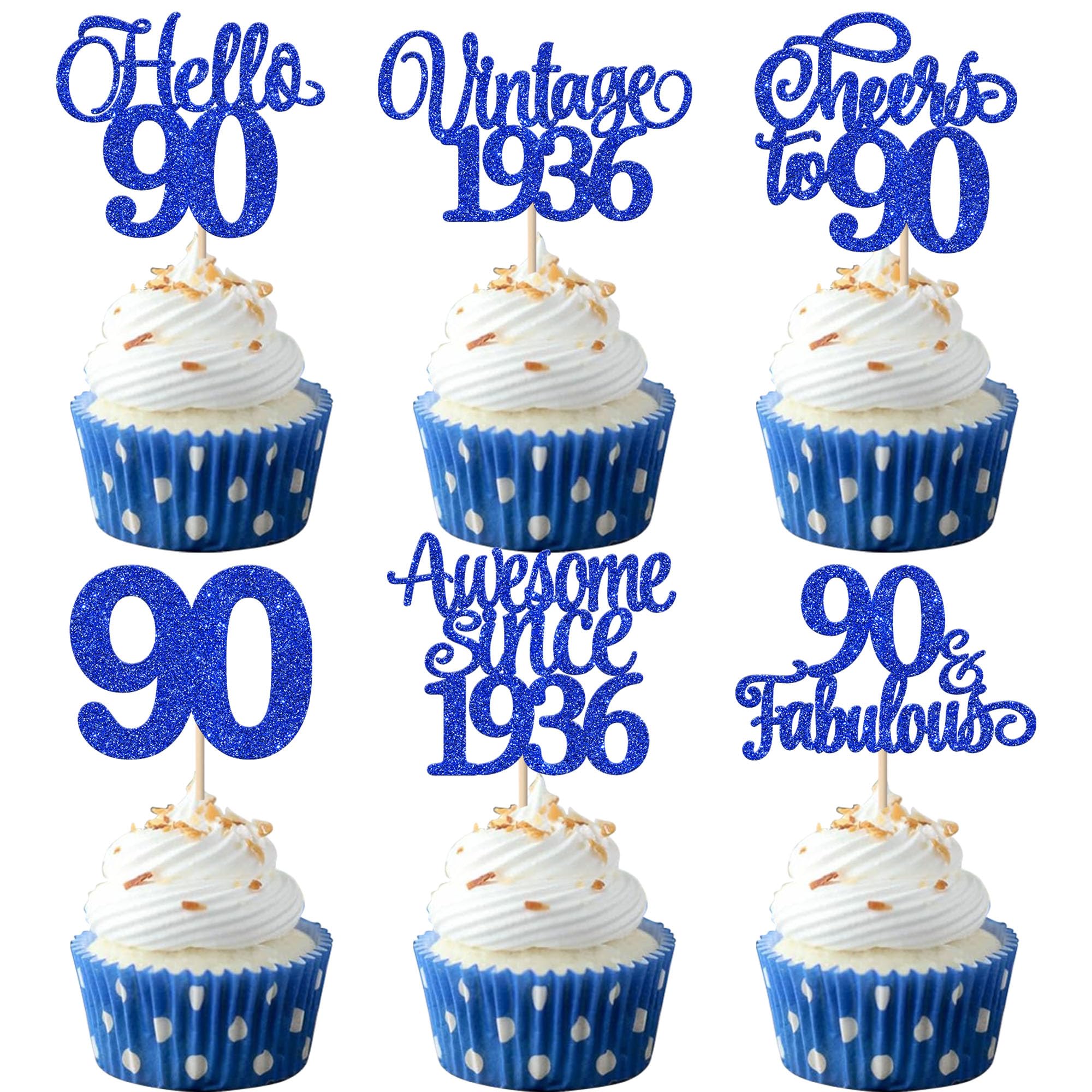 Xsstarmi 24 Pack Vintage 1936 Cupcake Toppers Glitter Blue Hello 90 Fabulous Ninty Cupcake Picks Cheers to 90 Years Birthday Cake Decorations for Happy 90th Birthday Anniversary Party Supplies