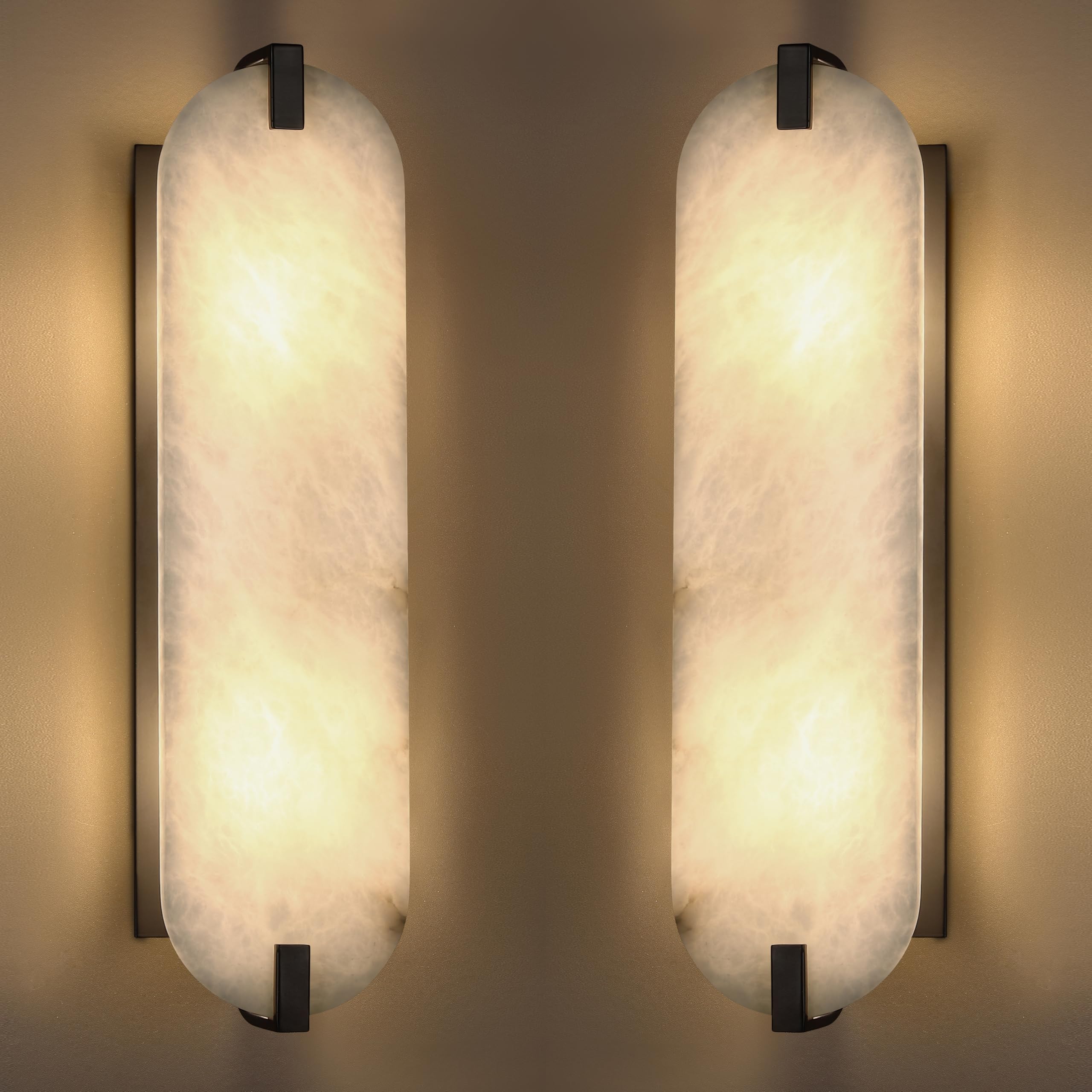 SEENMING HOUSE 2 Pack 2 Light 20.7" Natural Oval Alabaster Marble Bathroom Wall Sconce Modern Concise Style Wall Light Fixture,Black Finish for