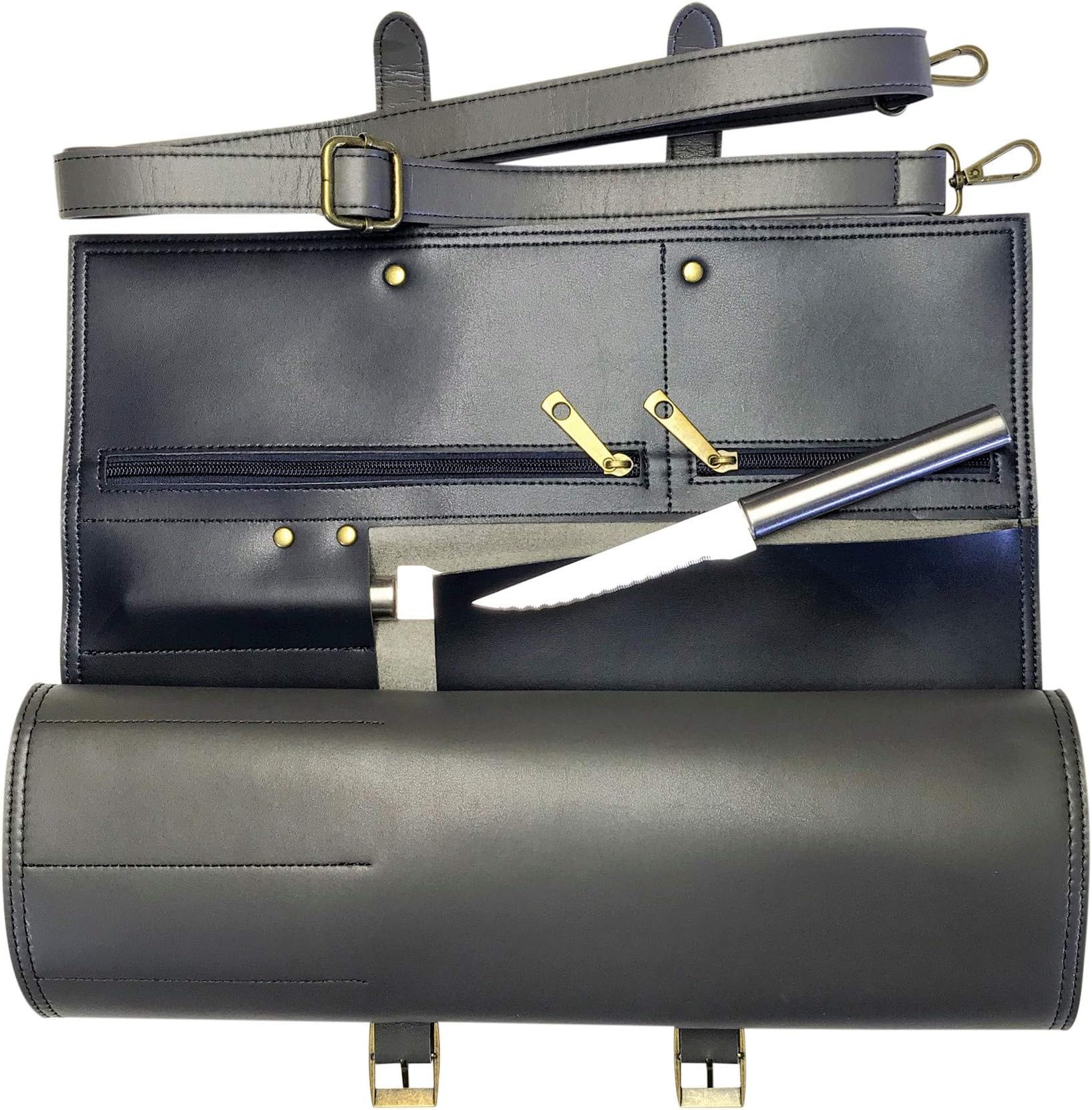 Chef knife Bag Roll up Leather knife Roll W/Business Card Slot Gray Color 10 Slots and 2 Large Zipper Pockets
