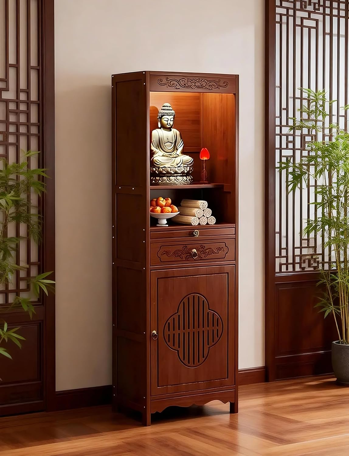 Buddhist Altar Table,Bamboo Altar Cabinet with Drawers & Storage, Personal Shrine Altar Table, Pooja Cabinet for Home Worship, Meditation Room Decor, Pooja Mandir (26.8×13×67in)
