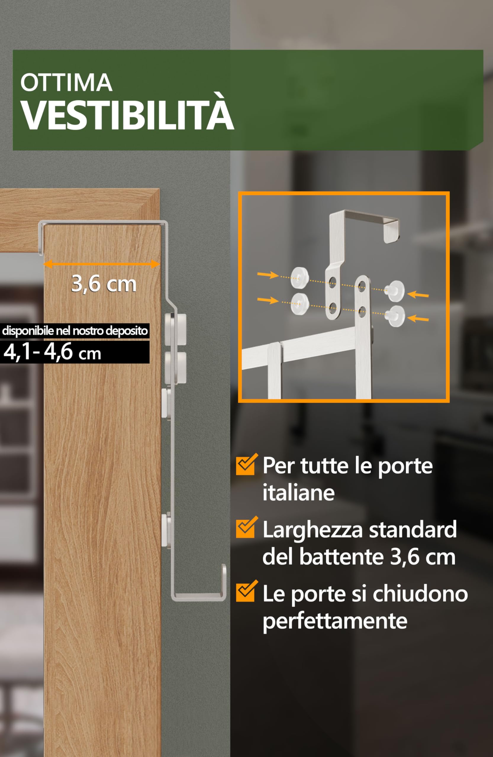 Appendiabiti Da Porta 4smile - Per Porte Italiane 4,1 Cm E 4,6 Cm | Acciaio Inox, Capacit&agrave; 10 Kg