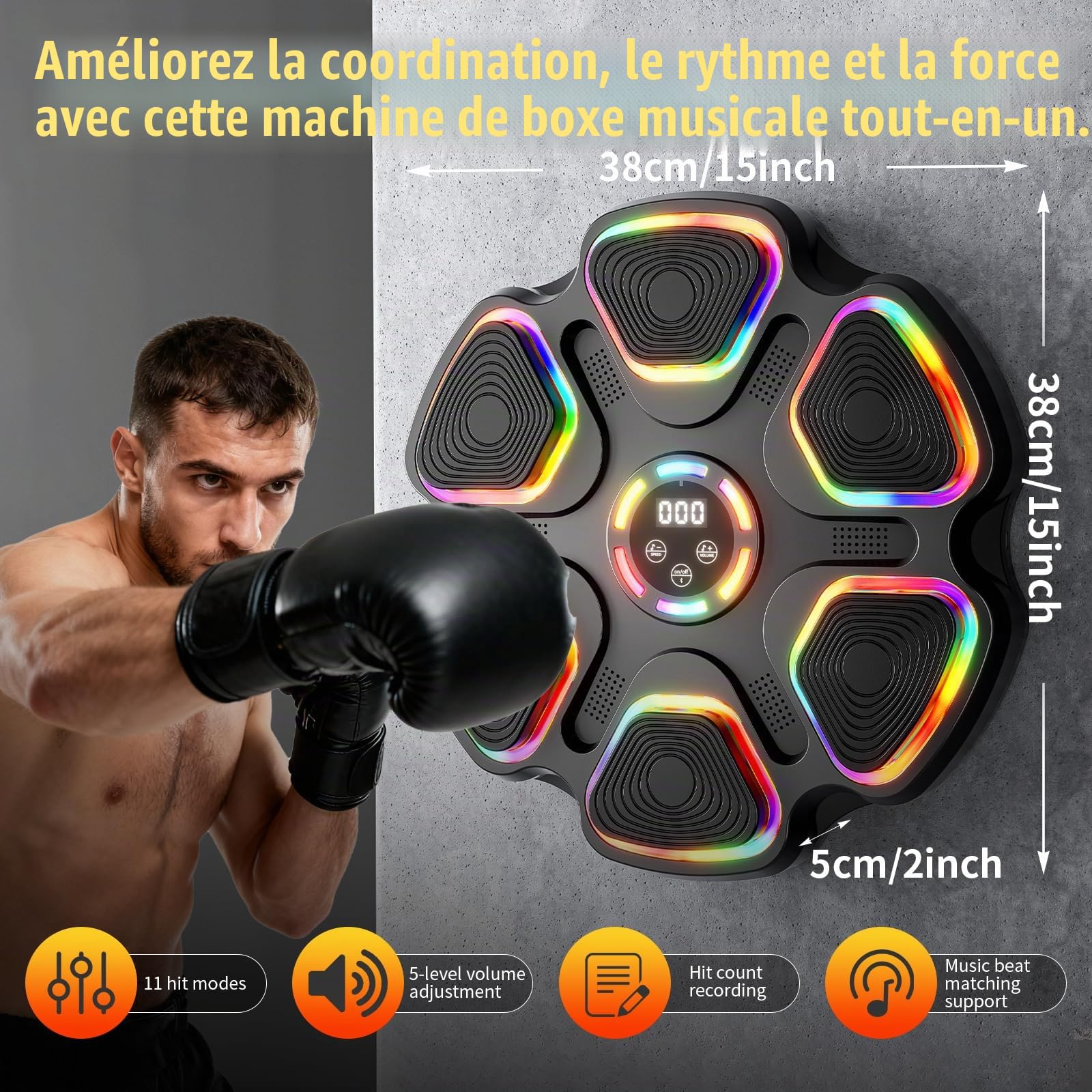 Machine de boxe musicale avec gants de boxe, machine de montage mural pour enfants et adultes, équipement de boxe intelligent Bluetooth, équipement d'entraînement de boxe cible pour la maison, le