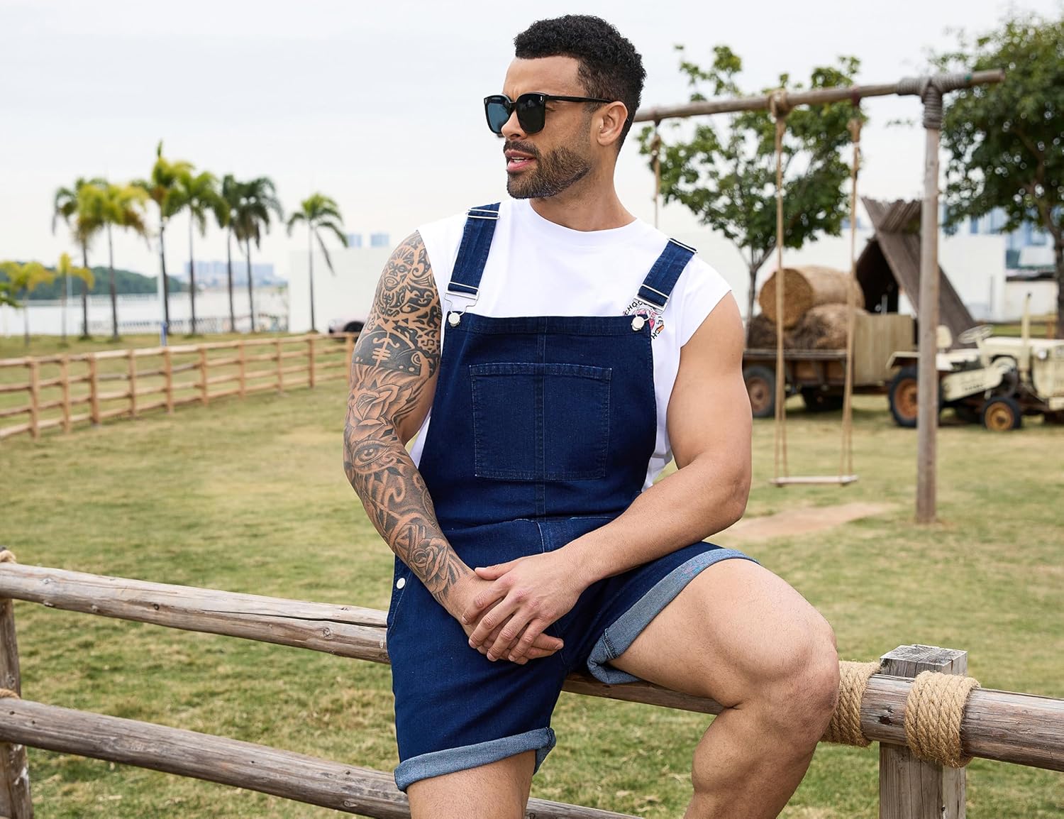 Bindefon Denim Overalls for Men Jean Shorts Jumpsuit Work Bibs Coveralls with Zipper - Image 6