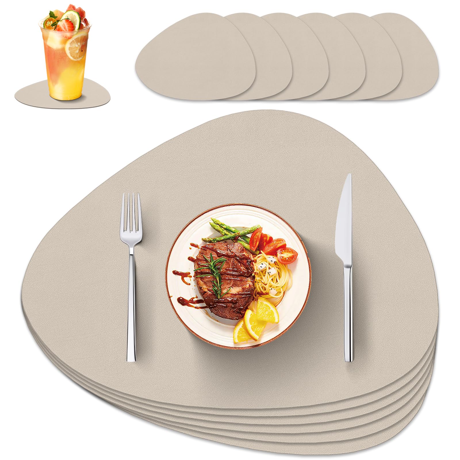 IKWOLETI Tischsets Abwaschbar mit Untersetzer - 6er Set Platzsets Abwaschbar aus Kunstleder - Doppelseitige Platzdeckchen in Lederoptik - Ideal für Küche und Büro Grauweiß