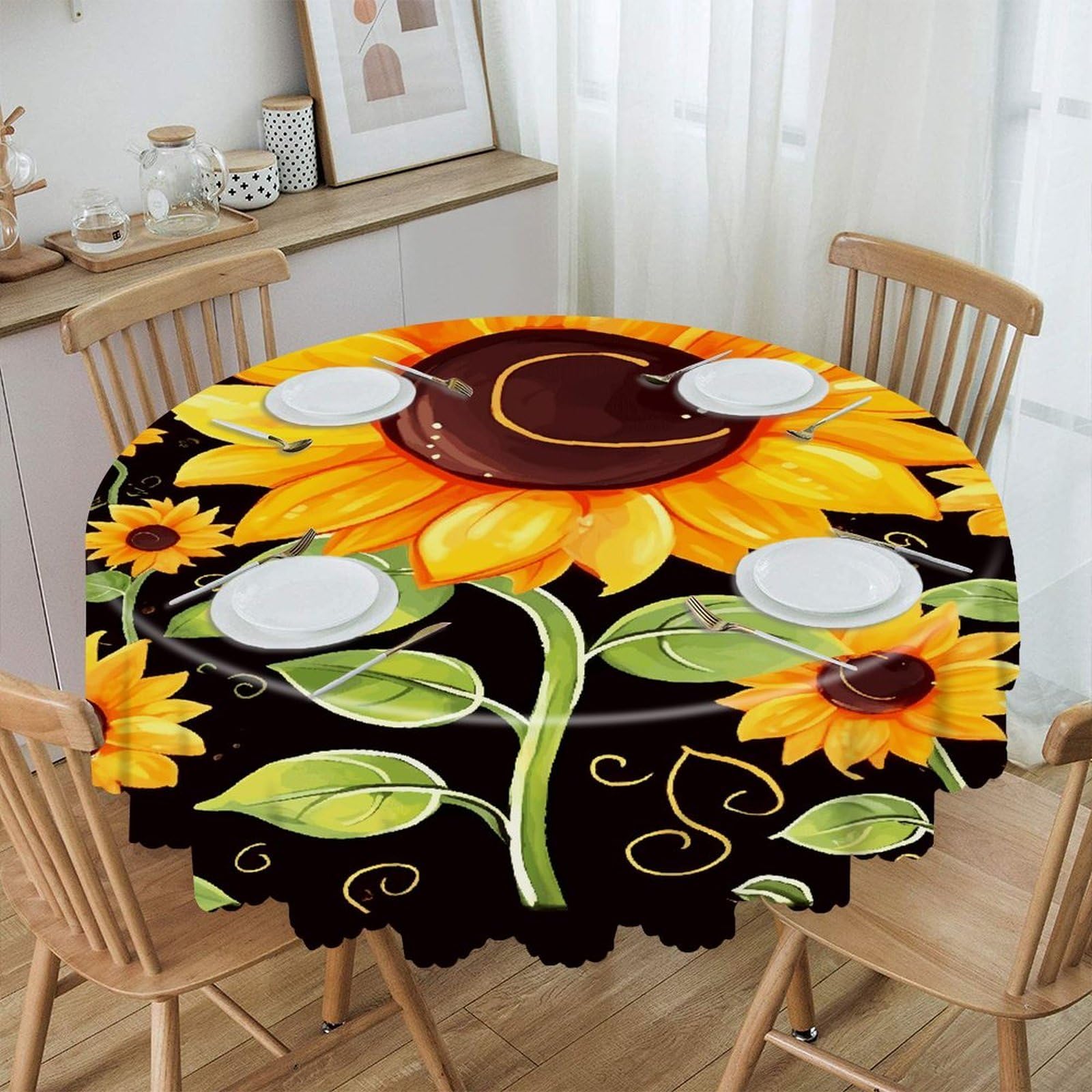 FekiLoot 60 Inch Round Cute Sunflower Tablecloth Waterproof Heavy Duty Polyester Table Cloth Spill-Proof Wipeable Table Cover Decorative Circle Dining Tablecover for Party Outdoor