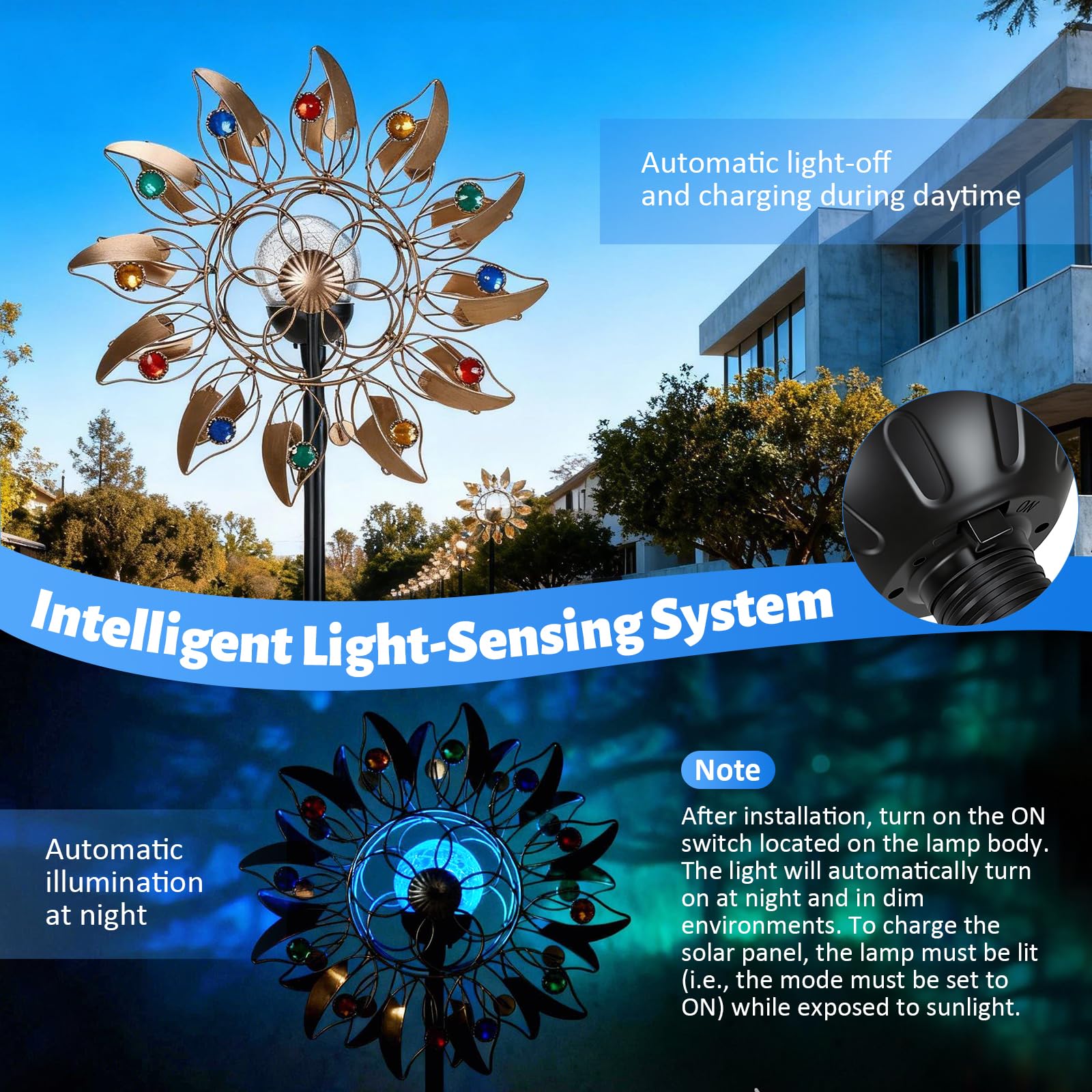 Solar Windrad Garten Metall mit Farbwechsel LED - Großes Windspiel Garten 190cm, Wetterfestes Windspiel Metall mit Federblättern & Kupfer-Optik, Windmühle für Außen Terrasse Balkon