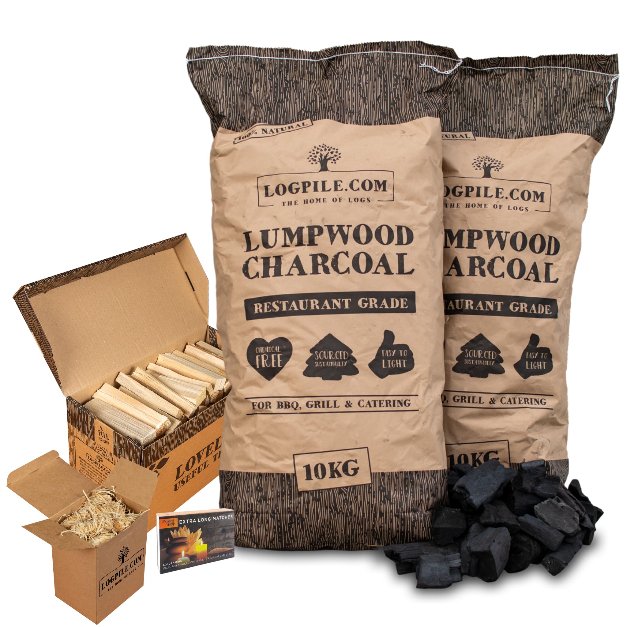 Logpile - BBQ Starter Kit | contains 2x10kg Premium Smokeless Coal for Barbecue, 3kg Kiln Dried Kindling, Matches & Firelighters | Smokers & Pizza Oven, Long-Burning Fuel, Perfect for Outdoor Cooking