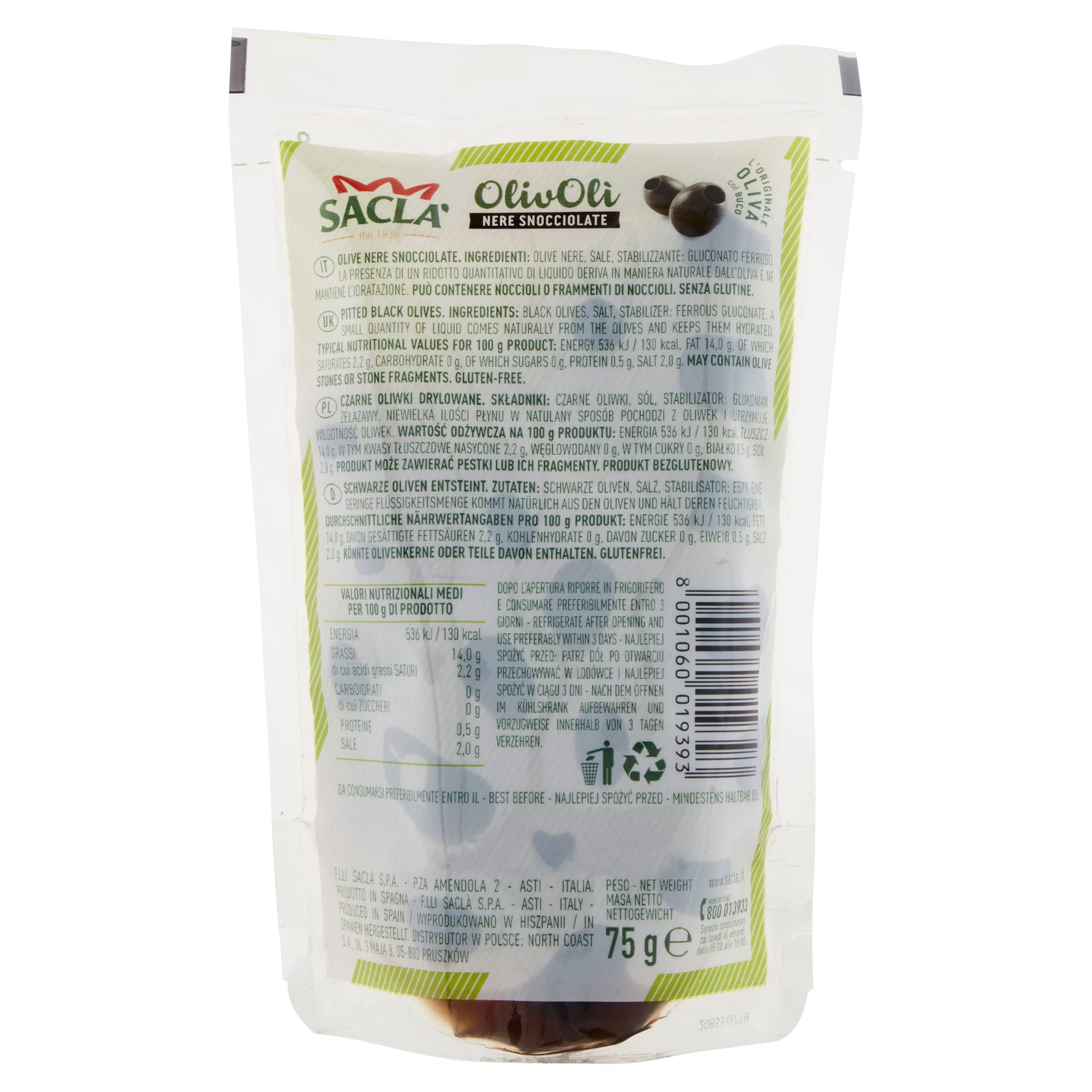 Saclà, OlivOlì, Olive Nere Snocciolate, Ideali per Insalate e per Arricchire i Tuoi Piatti, Busta, 75g, Senza Liquido, Confezione da 24 pezzi