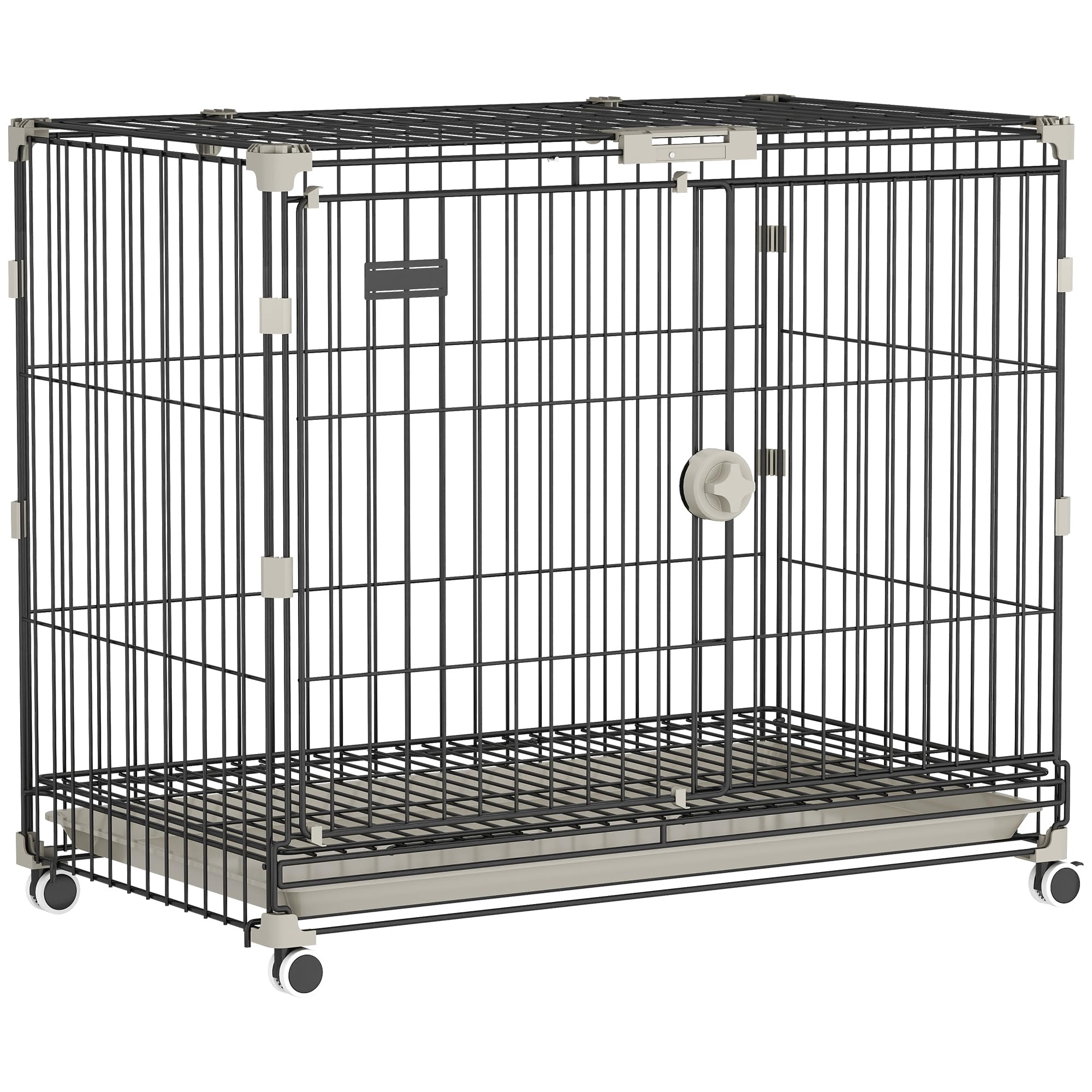 PawHut - Jaula para perro plegable, bandeja extraíble, ruedas con frenos, techo corredizo, puerta de alimentación, nicho interior para perros pequeños y medianos (75,5 x 46 x 64,5 cm, color negro