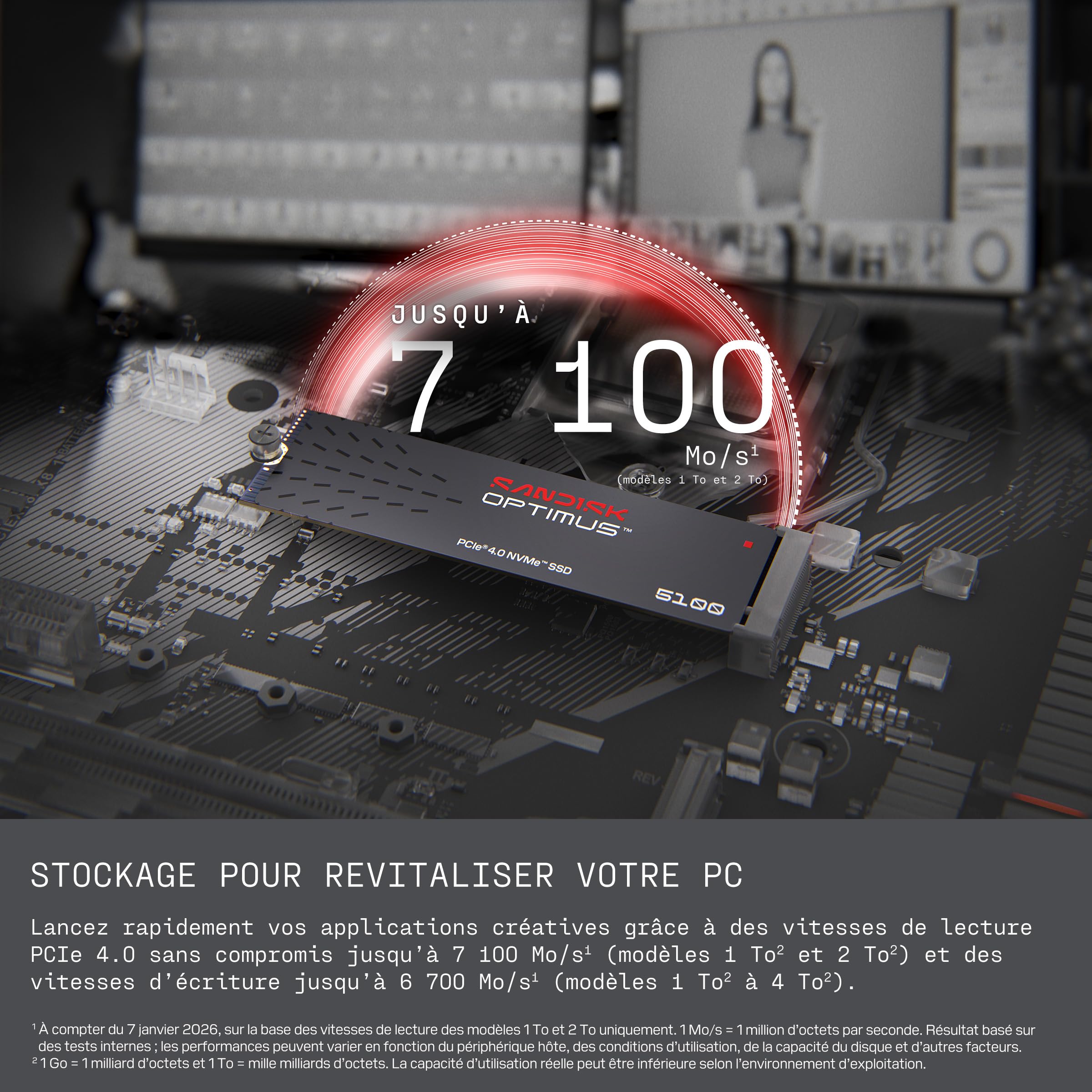 SANDISK Optimus 5100 NVMe SSD 500 Go (Jusqu’à 7 100/6 700 Mo/s Vitesses de Lecture/d’écriture, M.2 2280, PCIe 4.0x4)