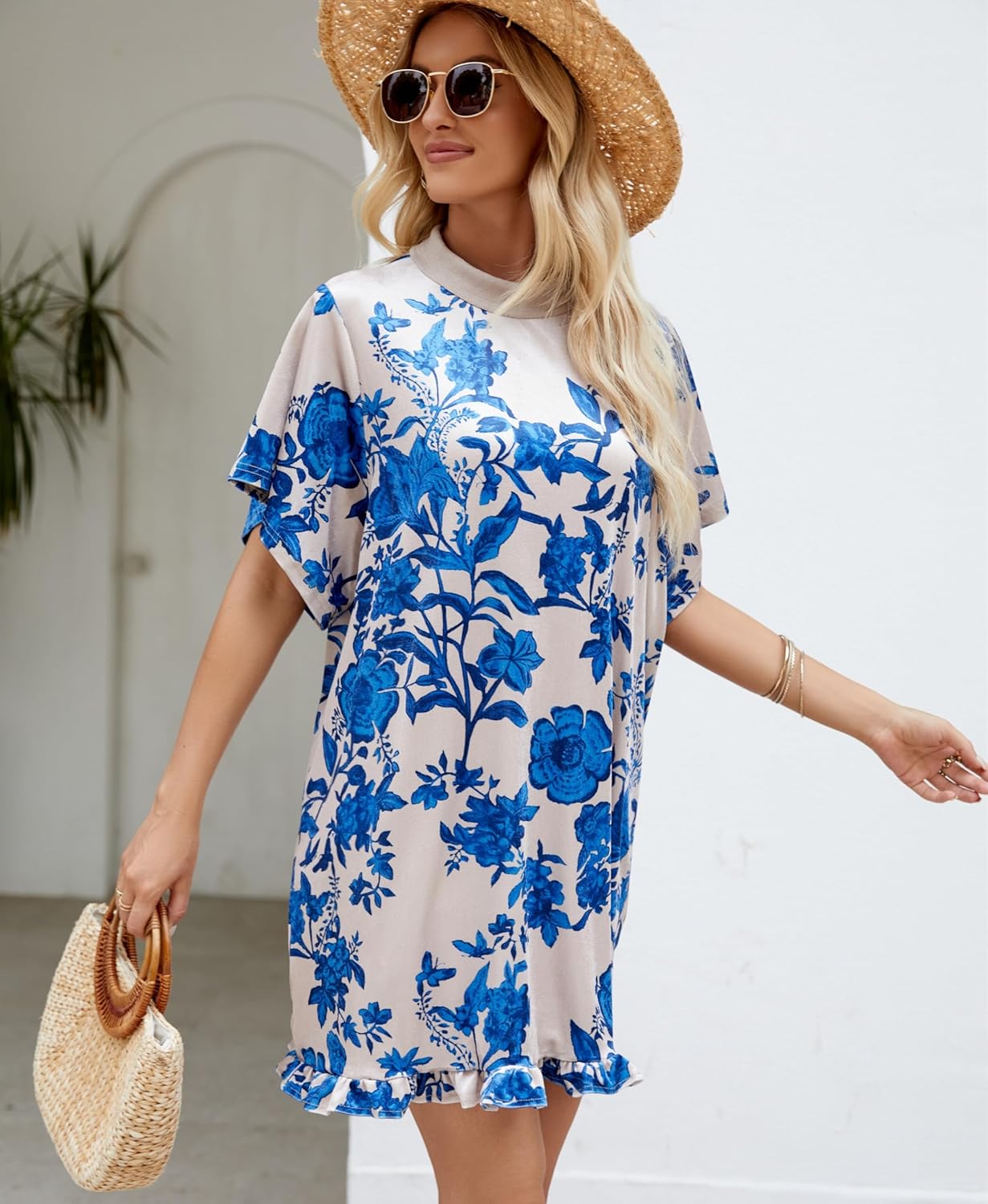 Aimiray Women's Vintage Velvet Dress Floral Printed Short Sleeve Round Neck Mini Flowy Boho Babydoll Dress - Image 6