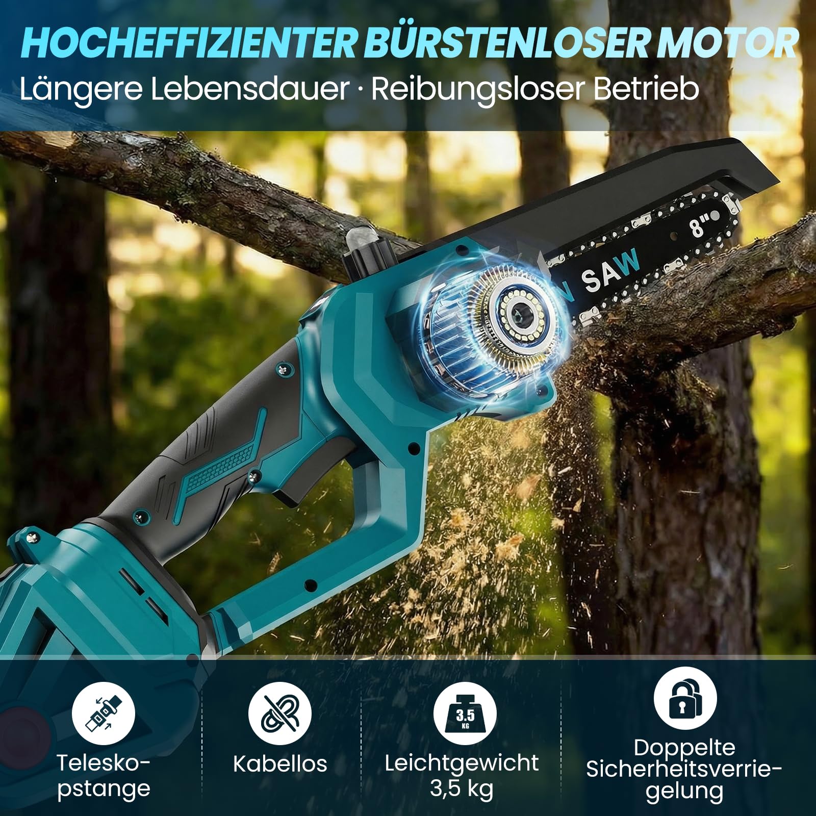 Anbull 2-in-1 Hochentaster Akku, 8 Zoll Mini Kettensäge Akku, 1200W Bürstenloser Motor mit 2 x 4000 mAh Batterien, Maximale Reichweite bis zu 4,8 m für Baum Trimmen Ast Schneiden Gartengerät