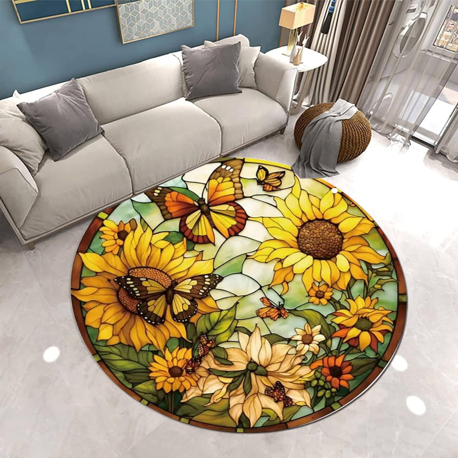 Vintage Sunflower Round Area Rug,5ft, Yellow Sunflower Butterfly Print Circle Rugs, Indoor Non-Slip Throw Rug, Washable Soft Durable Carpet for Bedroom Living Room Indoor Floor Mat Carpet