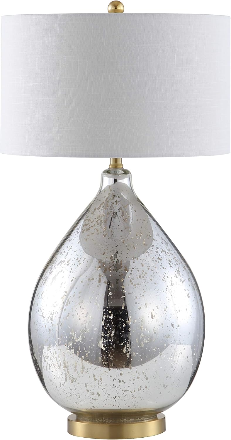 JONATHAN Y 30.75" Mercury Silver Glass Teardrop Table Lamp, Glam Transitional Bedside Lamp for Living Room, White Linen Drum Shade, Brass Gold Accents, LED Bulb Included JYL1066A