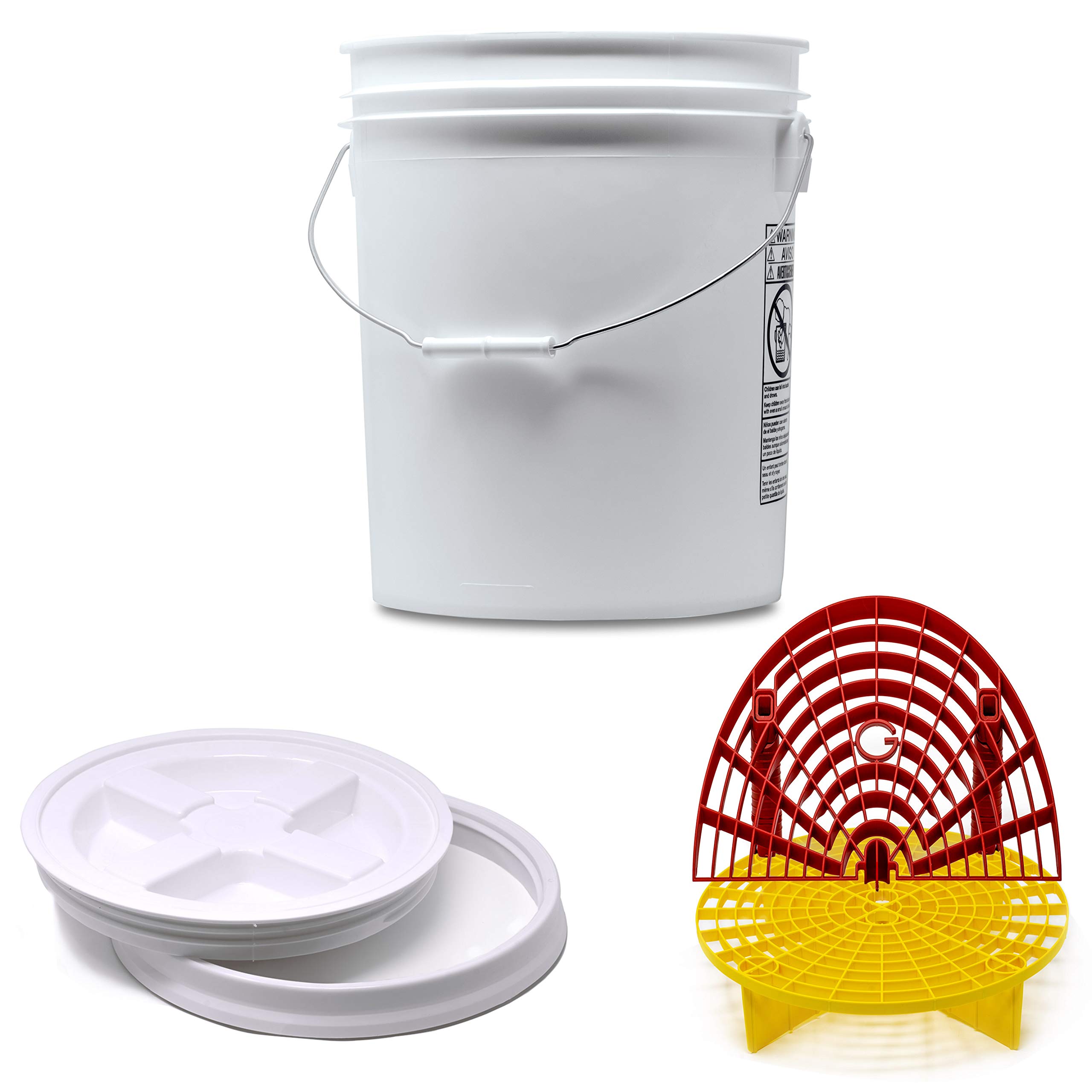 Detailmate professionelles Wasch Eimer Set: Magic Bucket Wascheimer 5 GAL (ca. 20 Liter), Gamma Seal Eimerdeckel weiß, GritGuard Schmutz Einsatz gelb, GritGuard Washboard rot