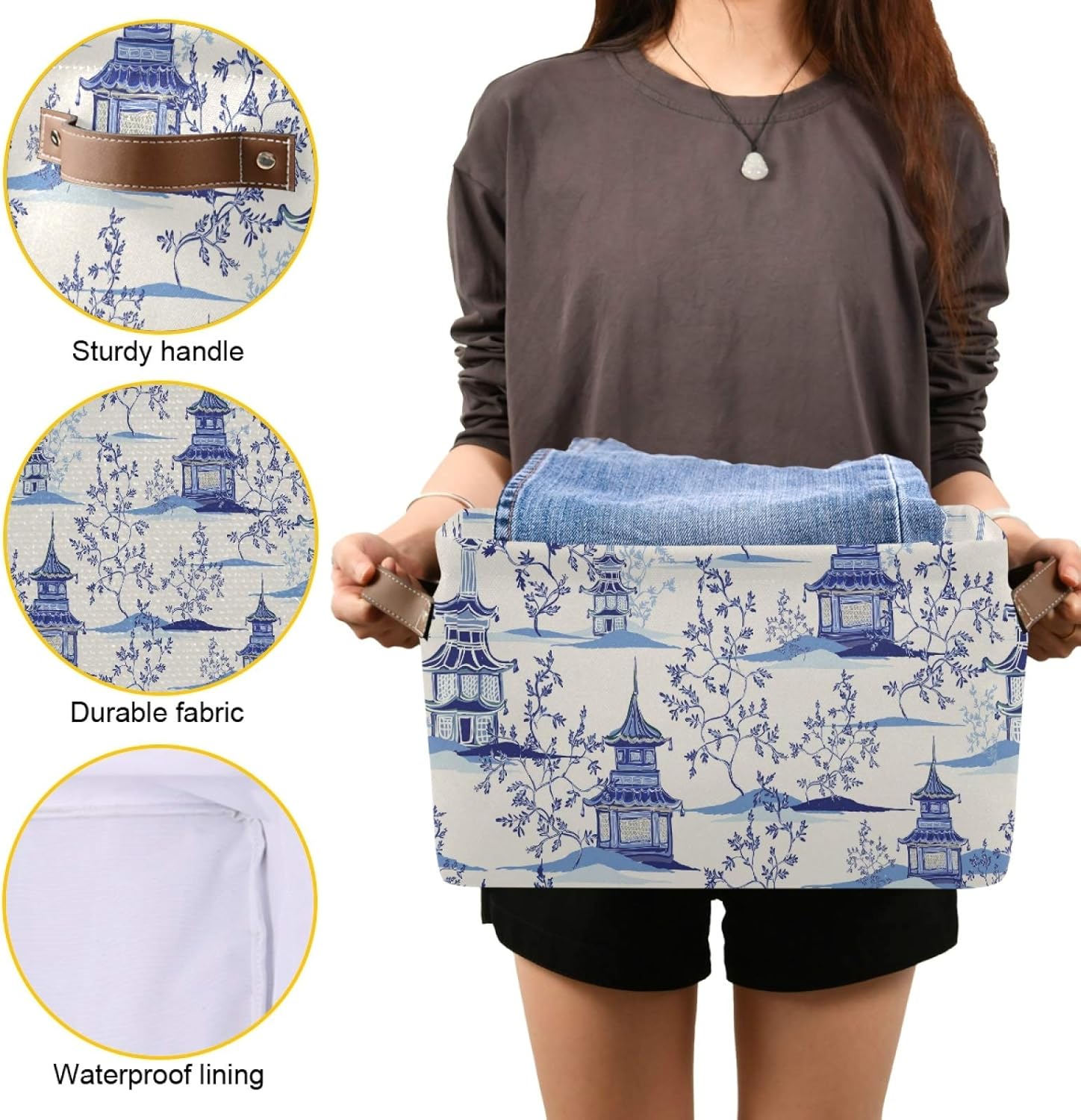 susiyo Large Closet Storage Bin Pagodas Chinoiserie Fabric Storage Baskets Collapsible Decorative Baskets Organizing Basket Bin with PU Handles for Shelves Home Closet Bedroom Living Room-2Pack