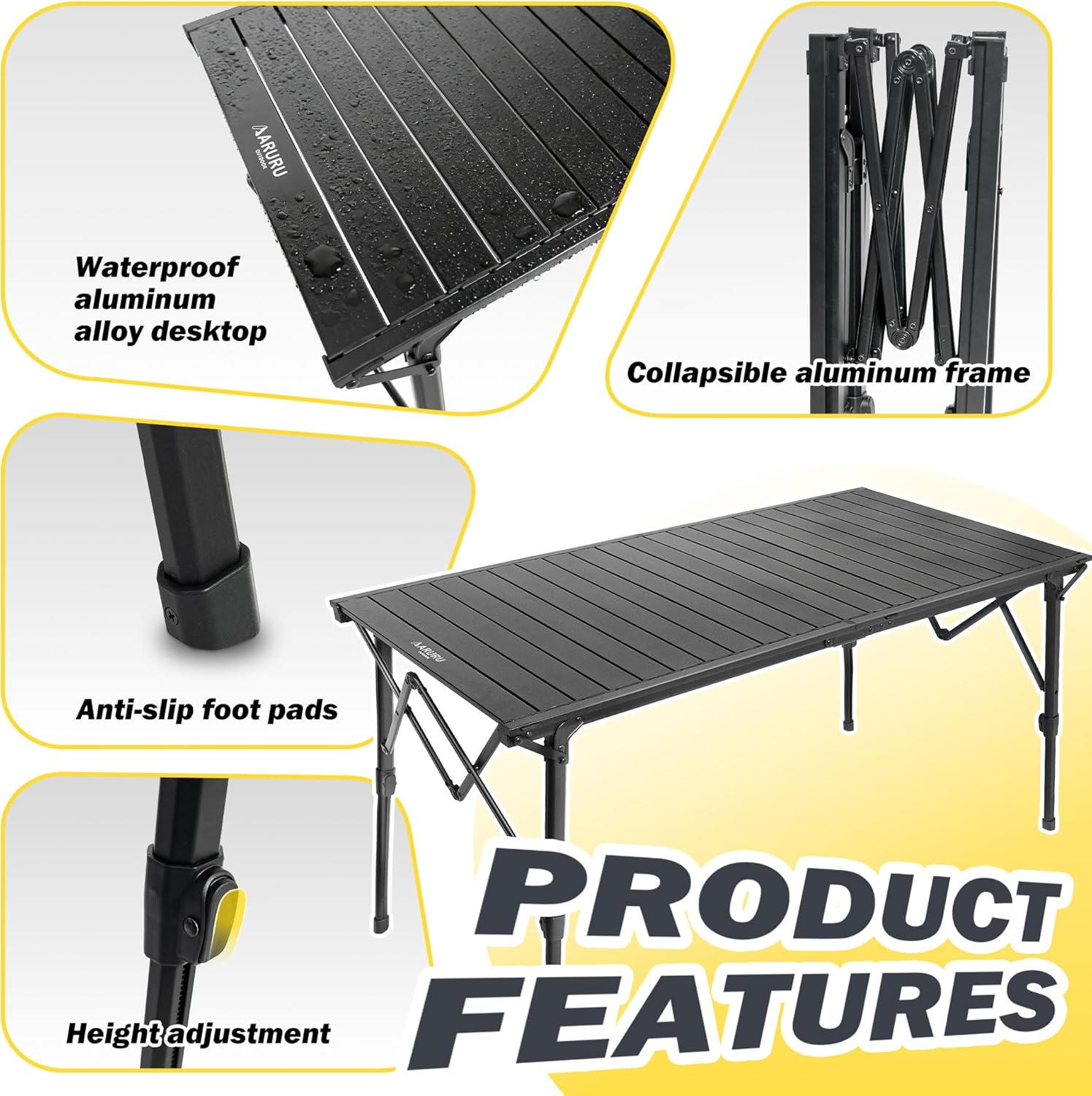 50" Large Folding Camping Table with Adjustable Hight Legs for 2-6 People - Heavy Duty Foldable Camp Table with Roll-Up Aluminum Picnic Table, Portable Outdoor Table for Cooking,Beach,BBQ,Party