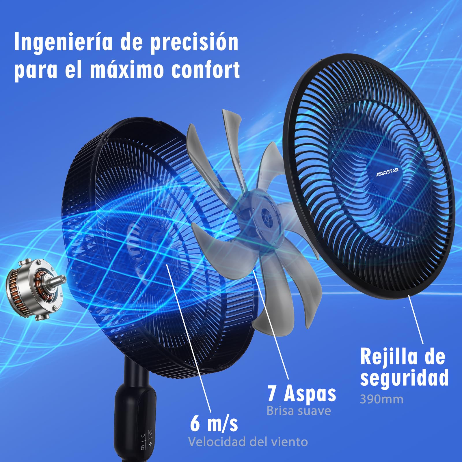 Aigostar Ventilador de Pie Silencioso, Oscilación de 120º, 7 Aspas, Mando a Distancia, Pantalla Táctil, Temporizador 12 h, 3 Velocidades, 3 Modos, Ventilador de Pie y de Sobremesa 2 en 1, 91/125 cm