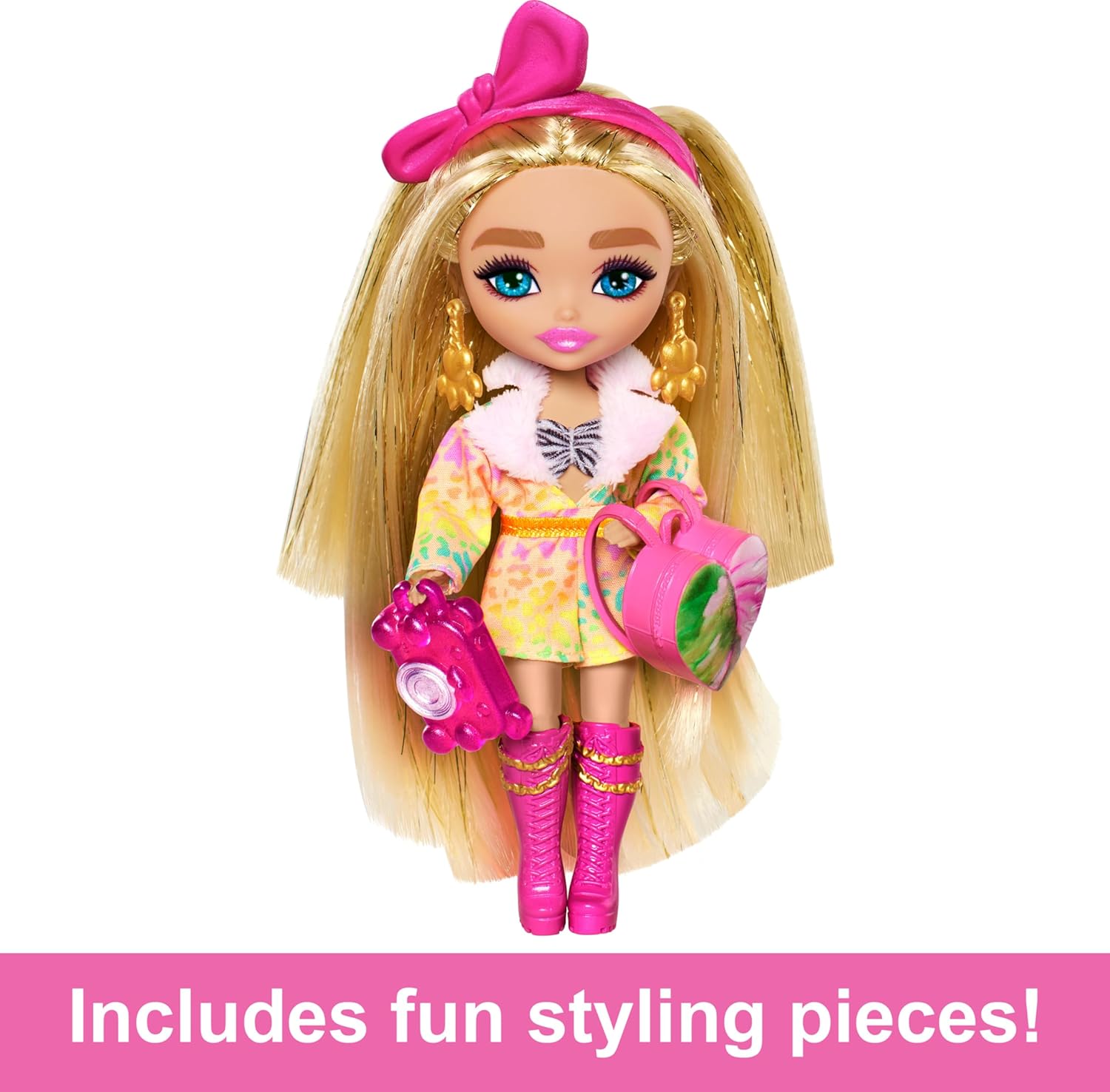 Barbie Extra Fly Minis Travel Doll, Safari Look with Super Long Brunette Hair in Animal-Print Outfit & Accessories, 5.5-inch