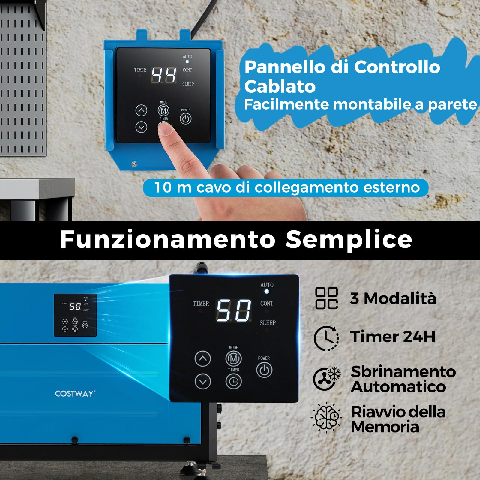 COSTWAY 58,5/73,5 L Deumidificatore Commerciale, Deumidificatore Industriale con 3 Modalità e Timer 24H, Sbrinamento Automatico per Cantina Magazzino (73,5 L/giorno Blu)