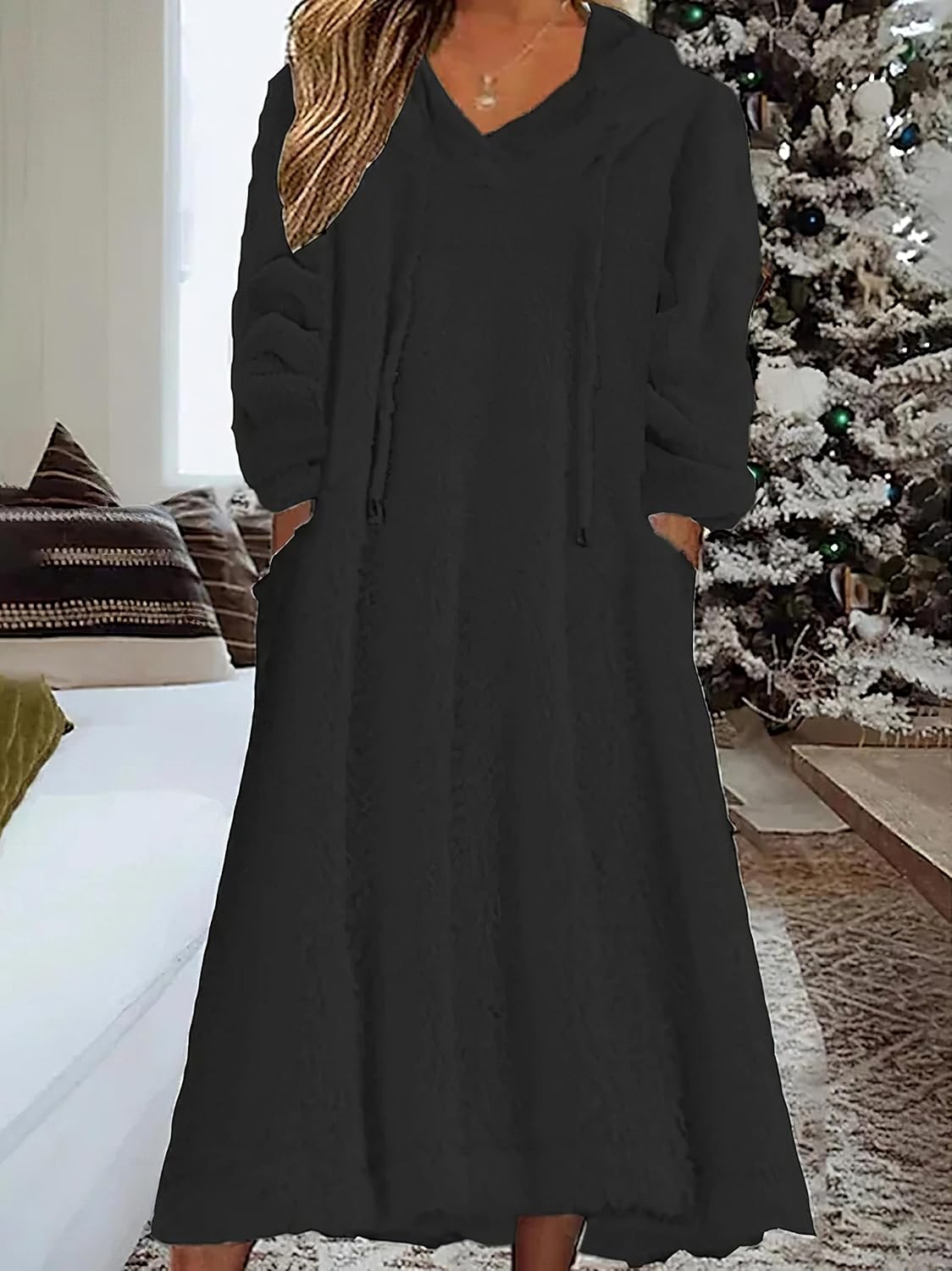Fleece Hooded Dress Women Plush Fuzzy Sherpa Sweatshirt Robe Fluffy Granular Oversized Nightgown Pullover Lounger - Image 2