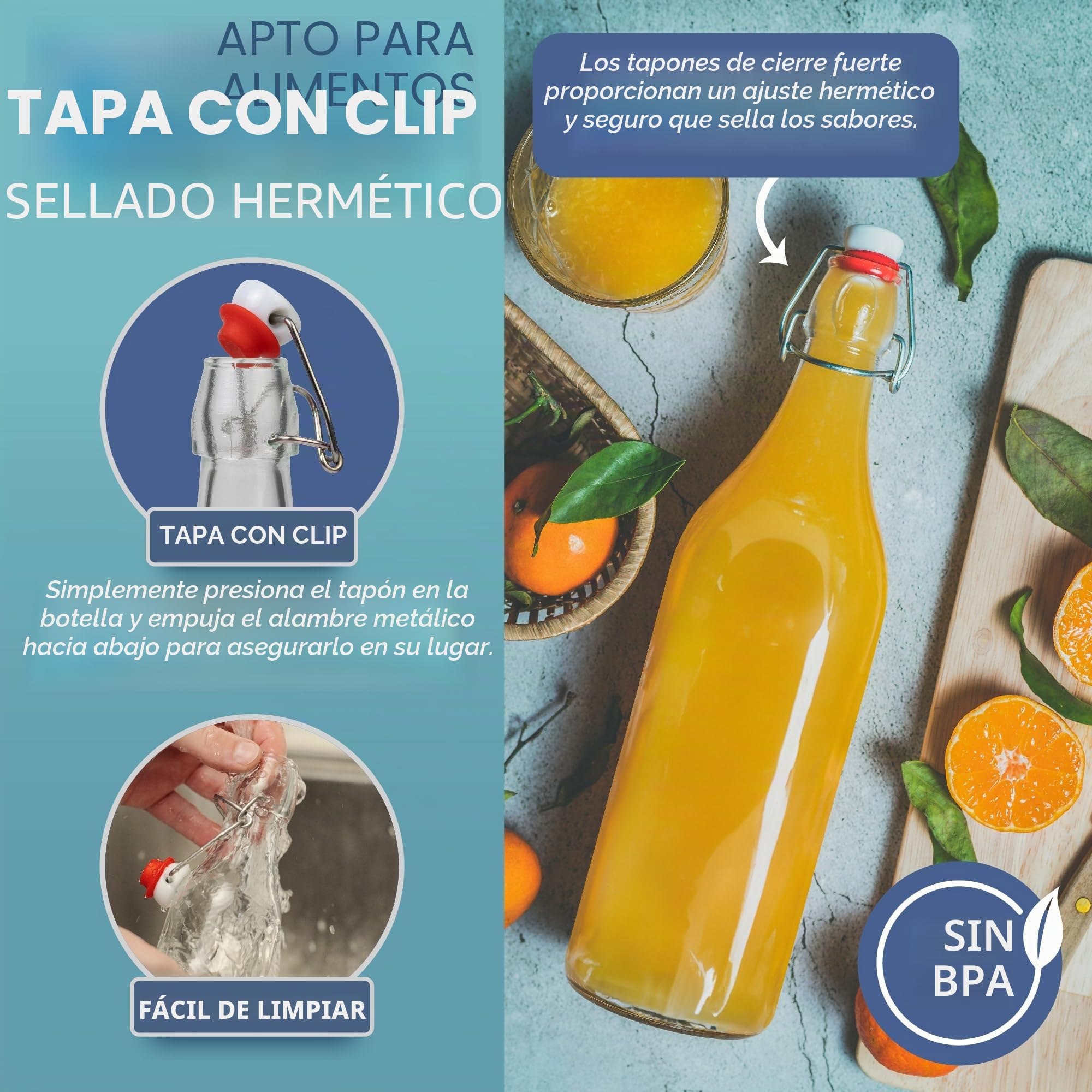 Botellas de vidrio HEFTMAN con cierre hermético, 1 litro, paquete de 6 botellas transparentes con tapa hermética para vino, especias, bebidas, aceite, vinagre, kombucha y agua, 6 unidades (1 litro)
