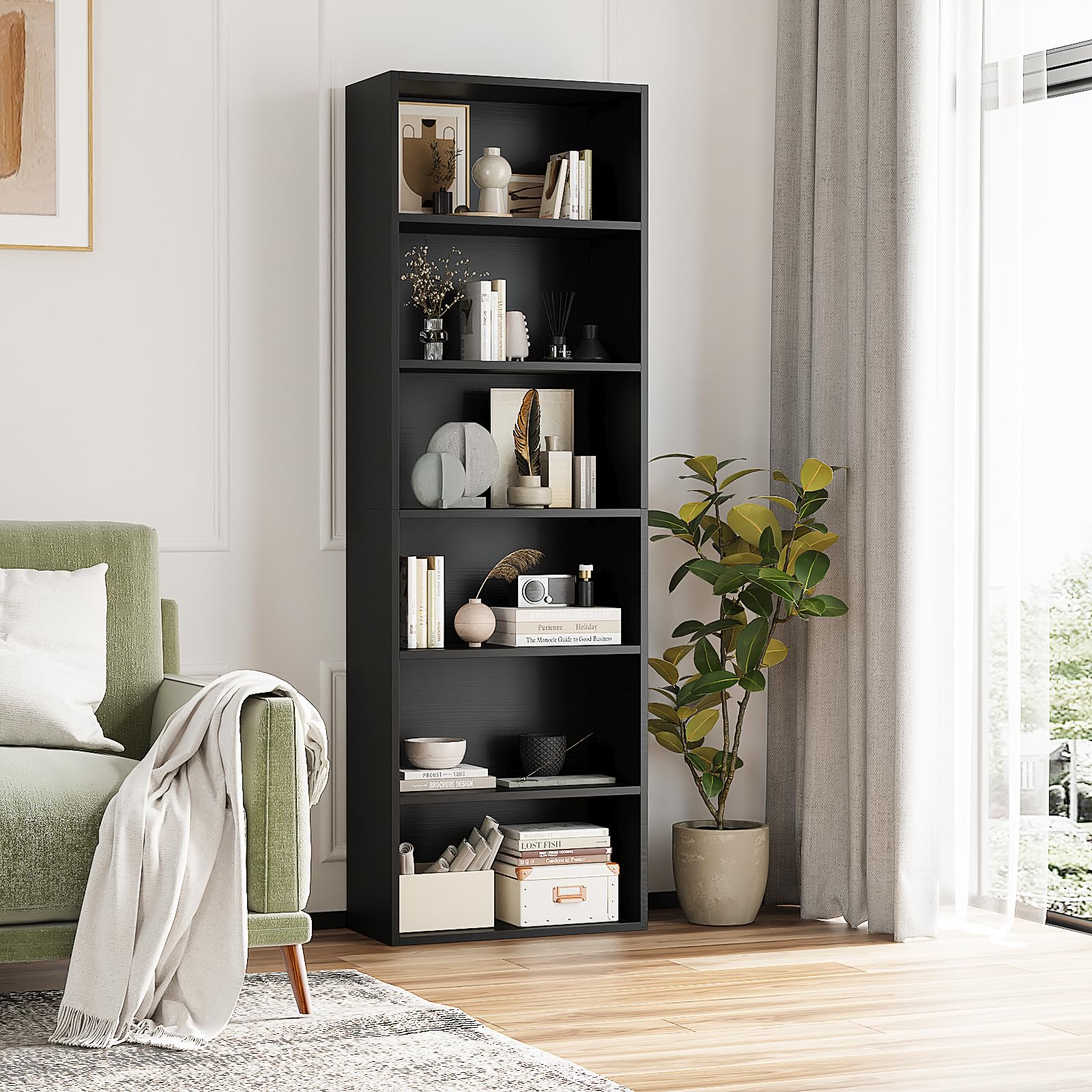 OneBlis 6-Tier Book Shelf, Floor Standing Open Bookcase, Wooden Display Storage Shelves with Anti-Tipping Device, 71" Tall Bookshelf for Bedroom,