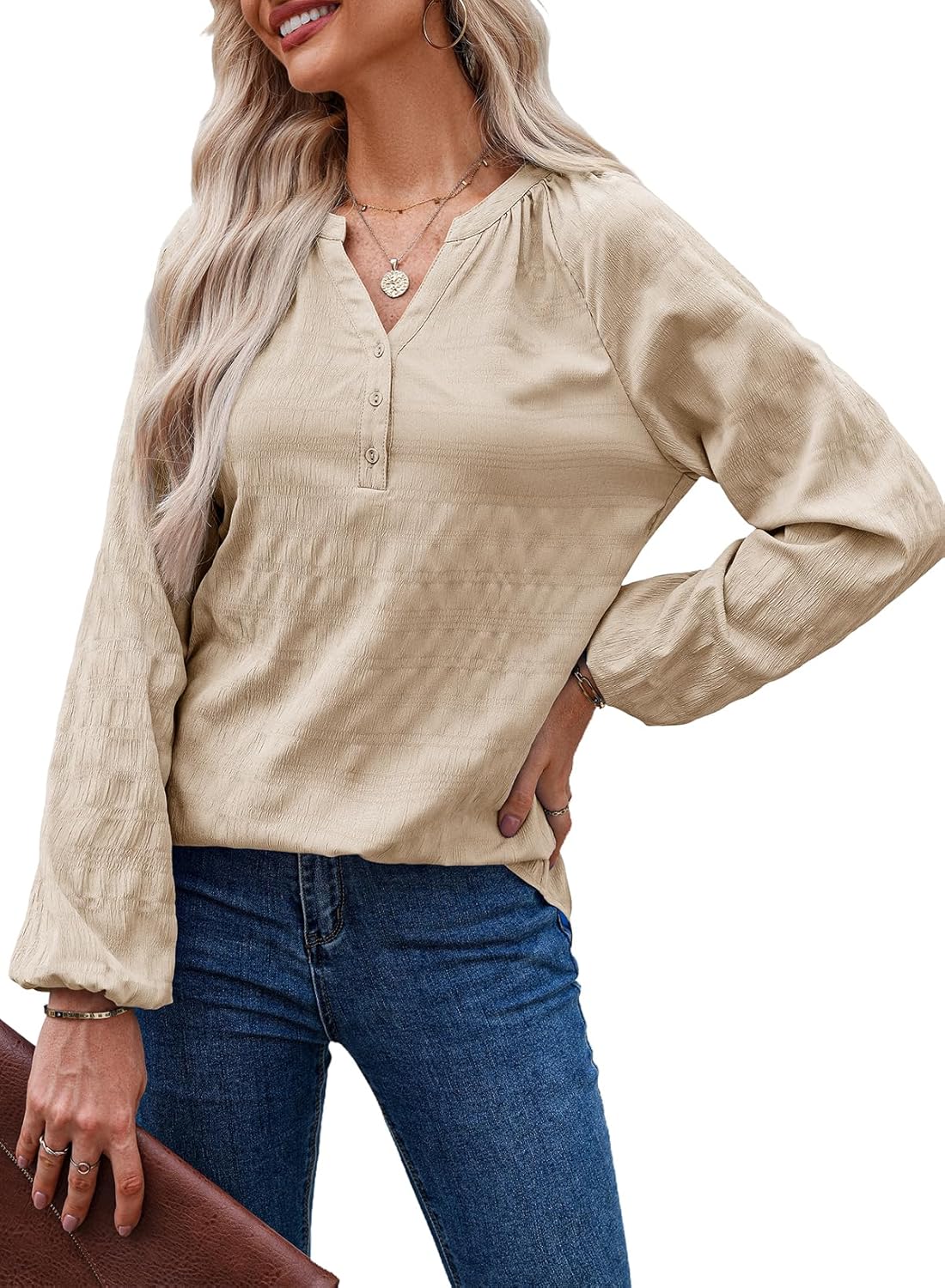 Dokotoo Womens Tops Dressy Casual Lantern Long Sleeve Shirts Spring Outfits Textured Business Blouses V Neck Shirts