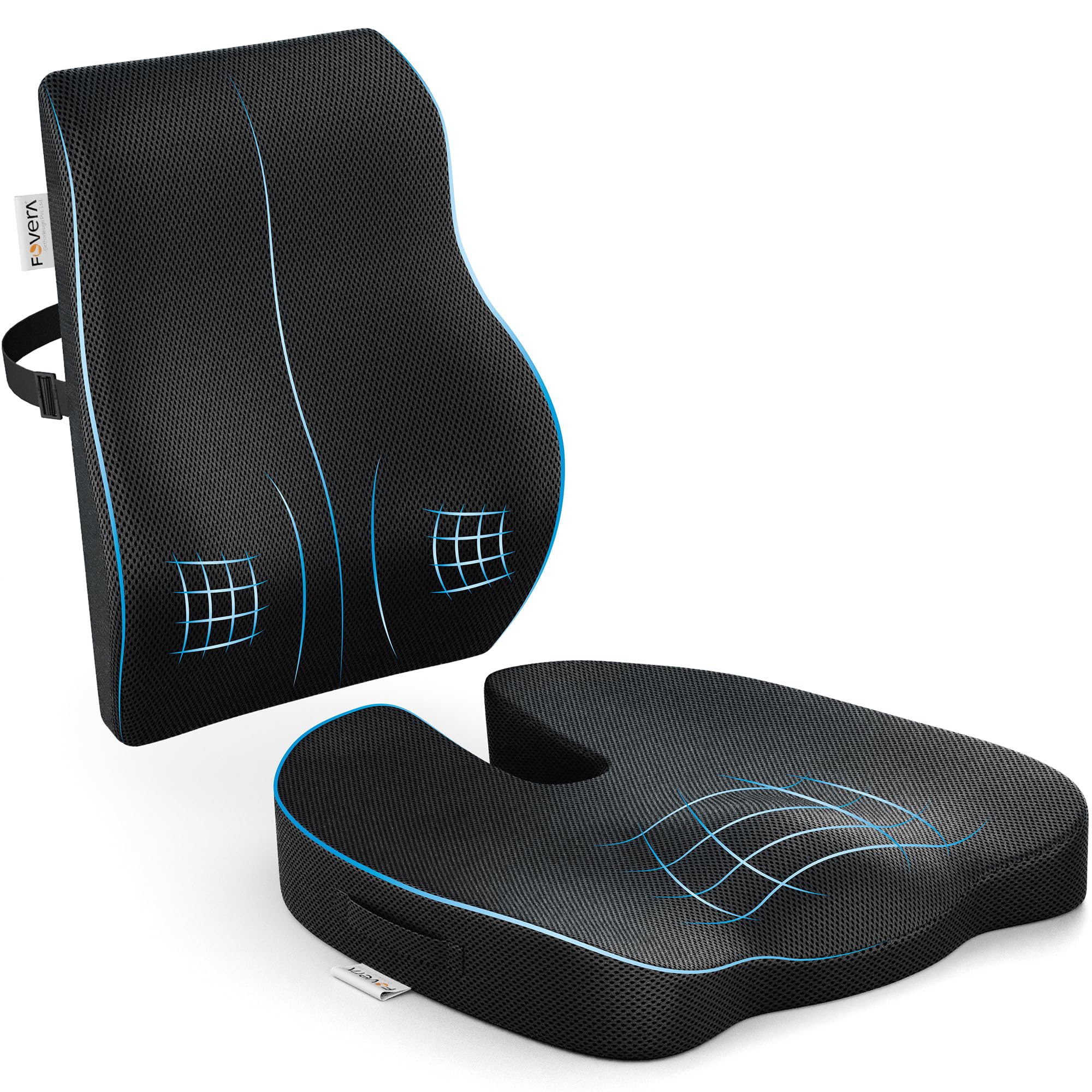 FOVERA Back Support for Chair & Coccyx Seat Cushion for Tailbone - Orthopedic Cool Gel Memory Foam Sitting Cushion Combo - Relieves Back, Sciatica & Hip Pain - for Office & Home Chair (Mesh Black)