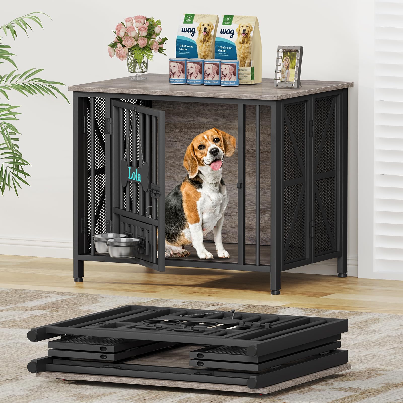 Foldable Dog Crate Furniture, Dog Crates for Dogs, Wooden Dog Kennel Indoor with Tag & Adjustable Dog Bowls, Dog Cage Use as End Table/TV Stand, Oak Grey