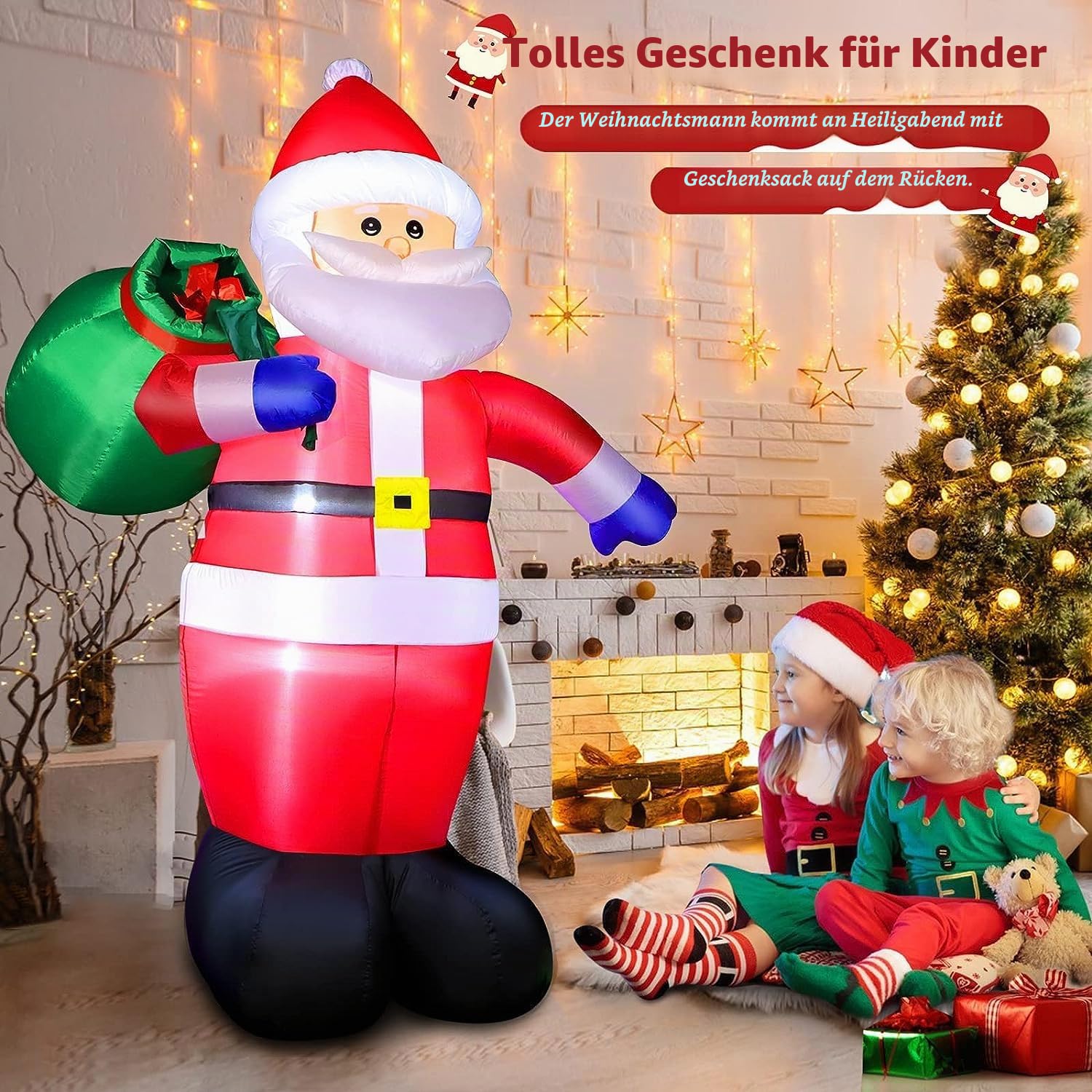 Aufblasbarer Weihnachtsmann 240cm mit LED Lichtern, 8 Fuß Riesen Figur Inflatable Santa mit Geschenktüte, Aufblasbarer XXL Weihnachtsdeko IP44 Wetterfest Beleuchtung für Innen Außen Garten Rasen Hof
