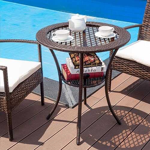 Miniatura 5 de Tangkula Mesa de centro de mimbre para patio de 25 pulgadas, para exteriores, patio, balcón, piscina, parte superior redonda de vidrio templado,