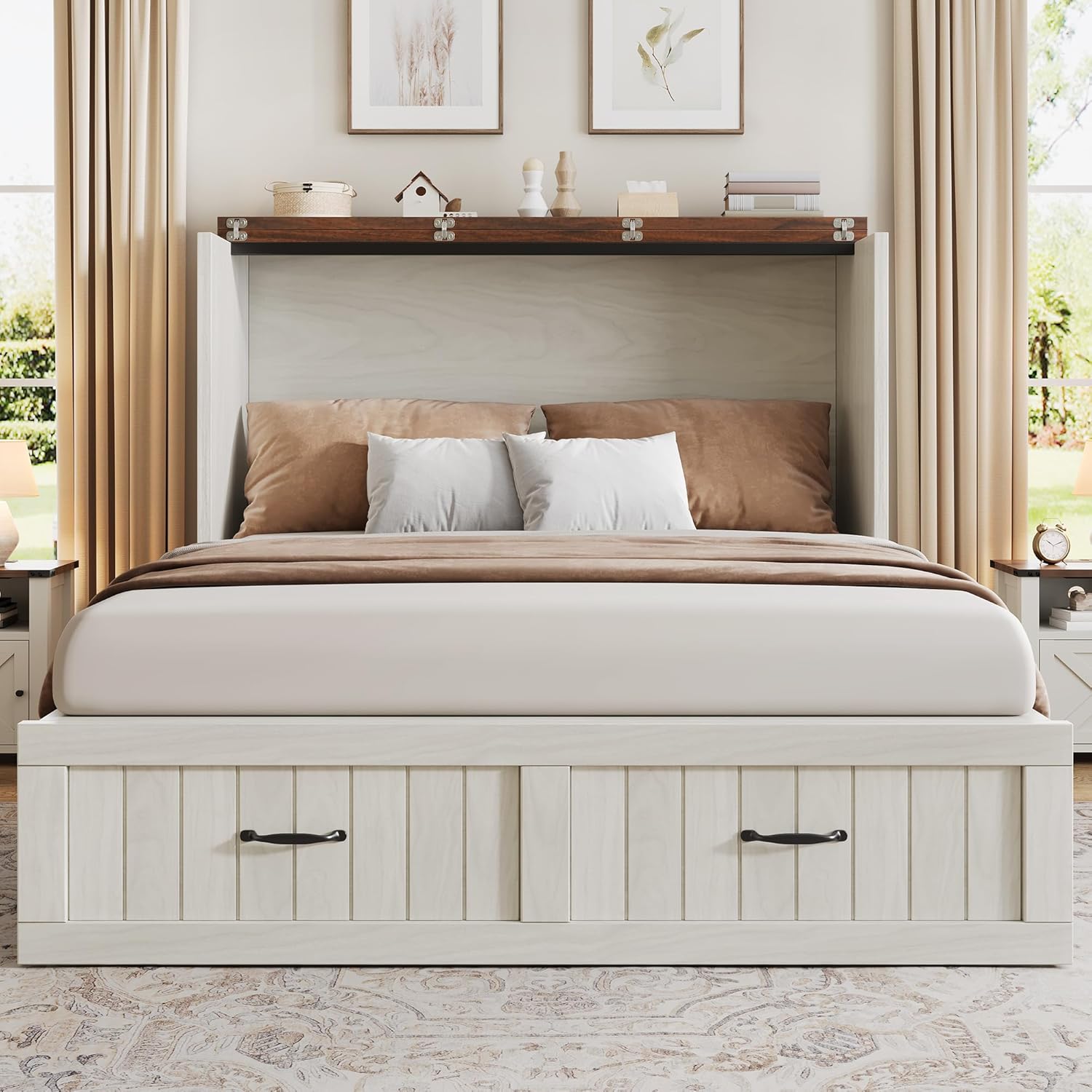 DWVO Full Size Murphy Bed with Charging Station, Cabinet Bed with Large Storage Drawer, Farmhouse Multi-Functional Murphy Cabinet Bed Frame for Bedroom or Guest Room, Noise-Free, Rustic White