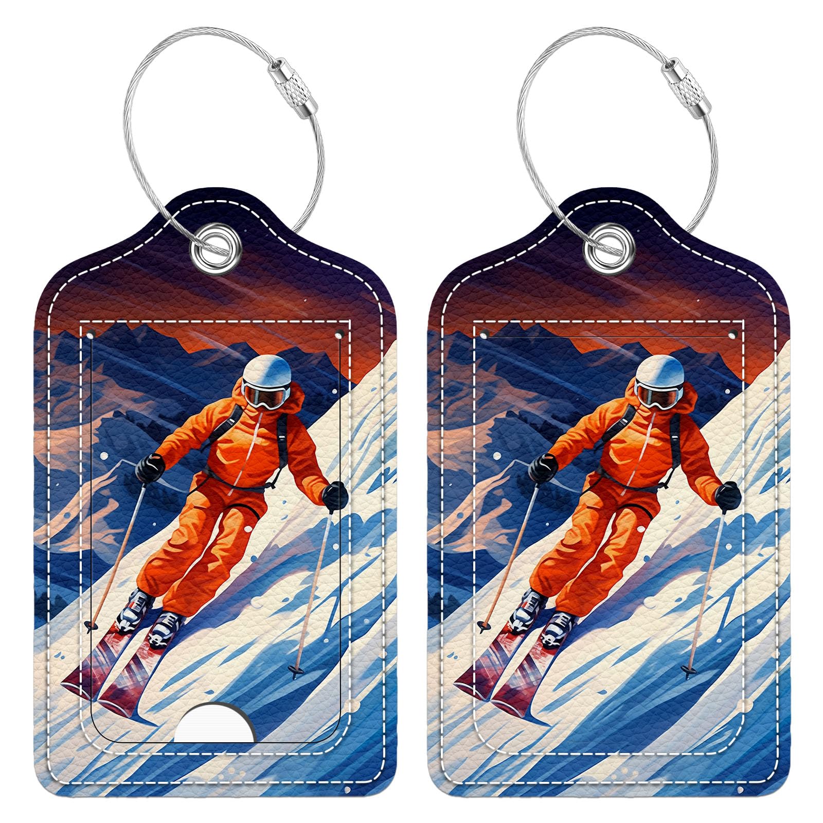 Bvkilrvc 2 Pcs Luggage Tag for Suitcase, Ski Unique Leather Suitcase Tags with Full Privacy Cover Stainless Steel Loop for Women Men Travel Baggage
