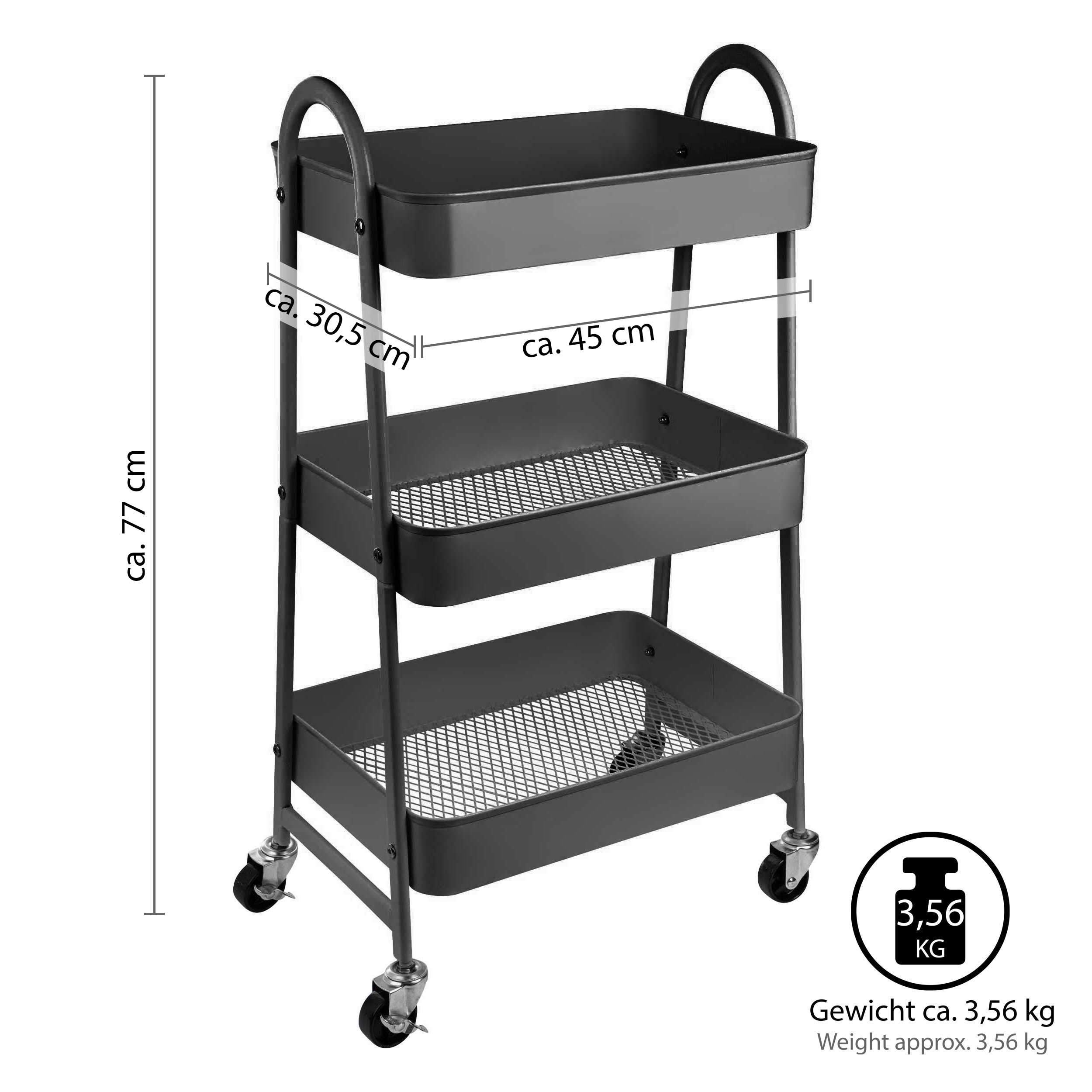 ONVAYA® Servierwagen Silvio | Beistellwagen | dunkelgrau | 30,5 x 45 x 77 cm | 3 Fächer | Multifunktionswagen | Transportwagen | Allzweckwagen | Küchentrolley | Nischenregal (dunkelgrau)