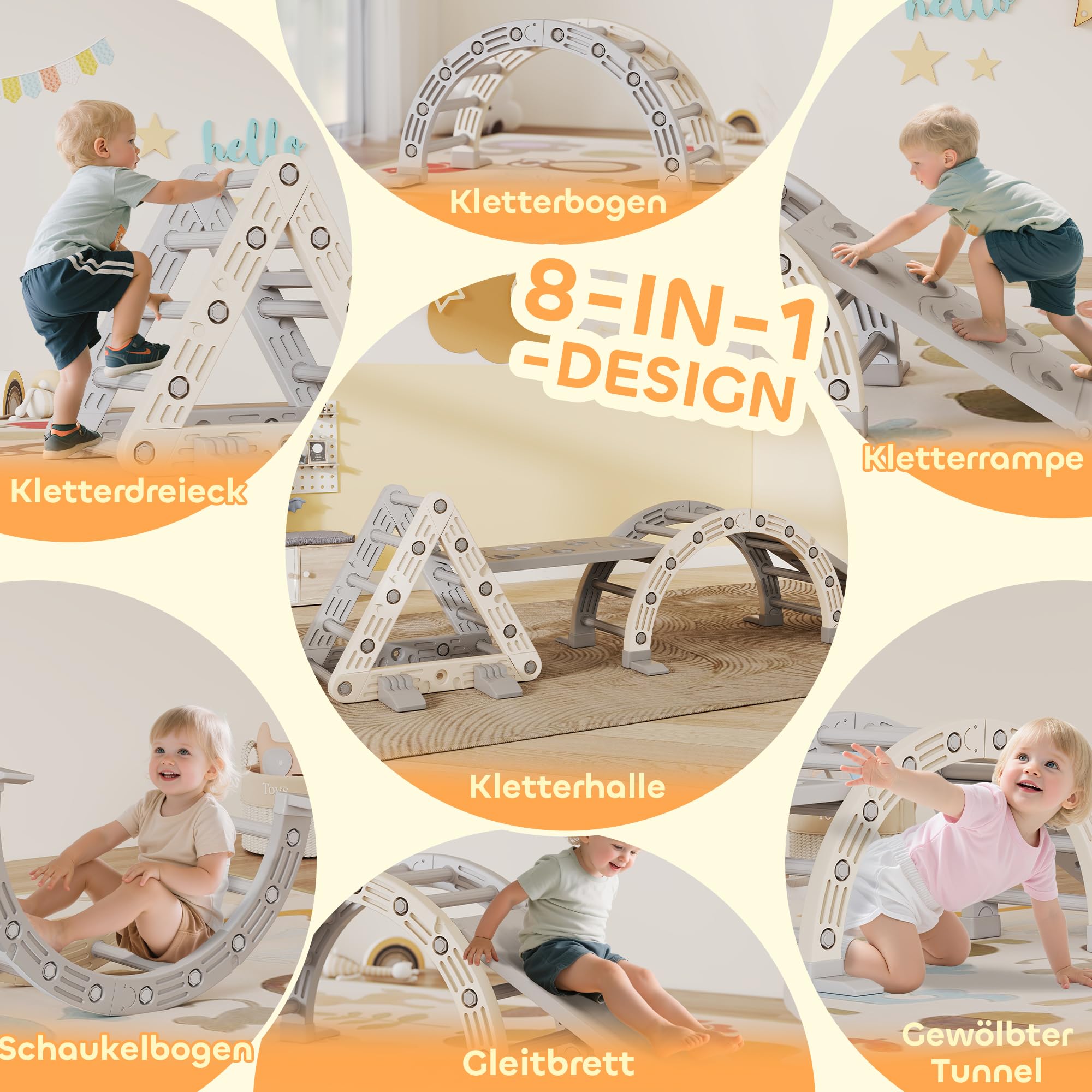 AIYAPLAY 5 in 1 Klettergerüst Montessori Indoor 18-48 Monate Grau+Weiß | Kletterdreieck mit Rutsche, Kletterbogen, Doppelseitige Rampe, Spielplatz Indoor, für Kinder
