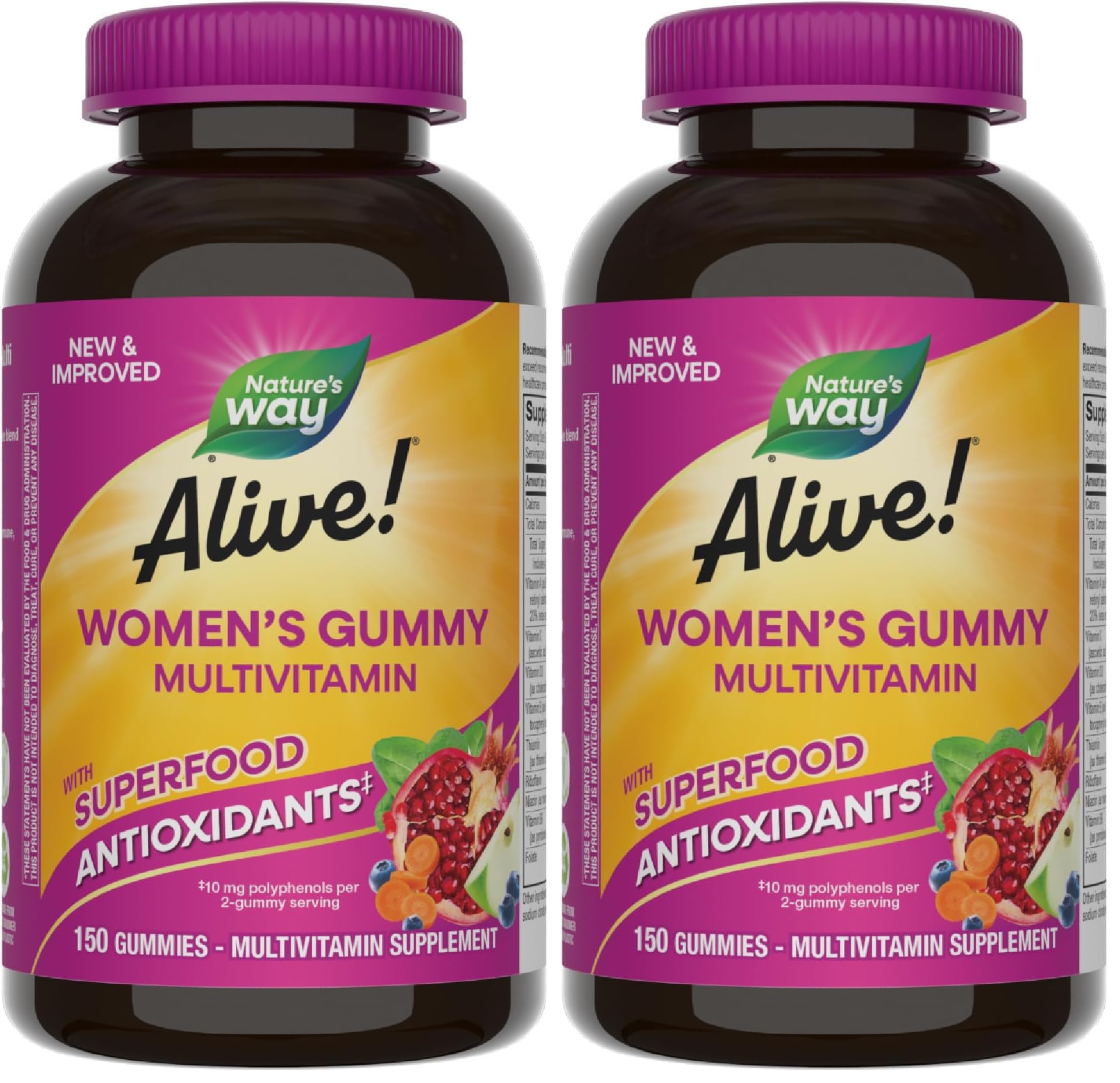 Nature's Way Alive! Women's Daily Gummy Multivitamins,16 Vitamins & Minerals,Energy Metabolism*,Hair Skin & Nails*,Vegetarian,Mixed Berry Flavored,150 Gummies (Packaging May Vary),(Pack of 2) Mixed Berry 150 Count (Pack of 2)