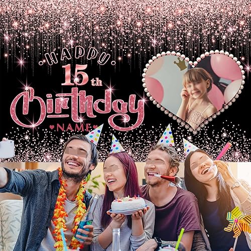 Miniatura 6 de Cartel personalizable de decoración de feliz cumpleaños 15 de oro rosa - Personalización de fondo de fotos de gran tamaño - Admite fotos y nombres