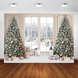 Avezano Christmas Window Backdrop for Photography Winter Snow Scene Merry Xmas Tree Background Snow Holiday Photobooth Portrait Party Banner Festival Photo Studio Props Supplies (8x6ft)