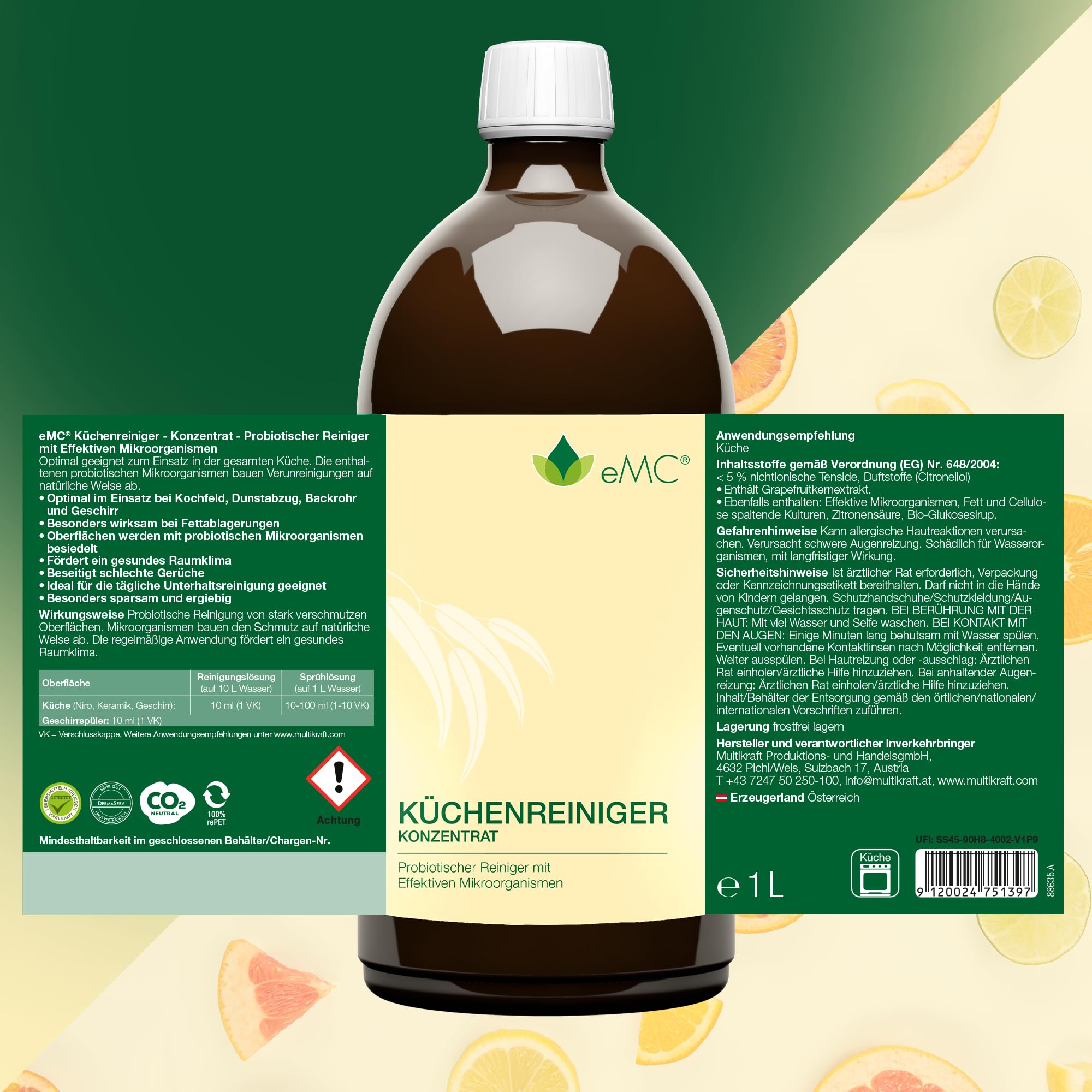 eMC Pulitore da cucina – Detergente probiotico contro i depositi di grasso ostinati, ideale per superfici della cucina come piani cottura, cappe e forni, elimina gli odori, 1 litro