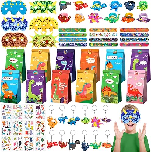 INNOCHEER Recuerdos de fiesta de dinosaurios para niños 74 piezas de suministros de fiesta temática de dinosaurio con máscaras de dinosaurio bolsas