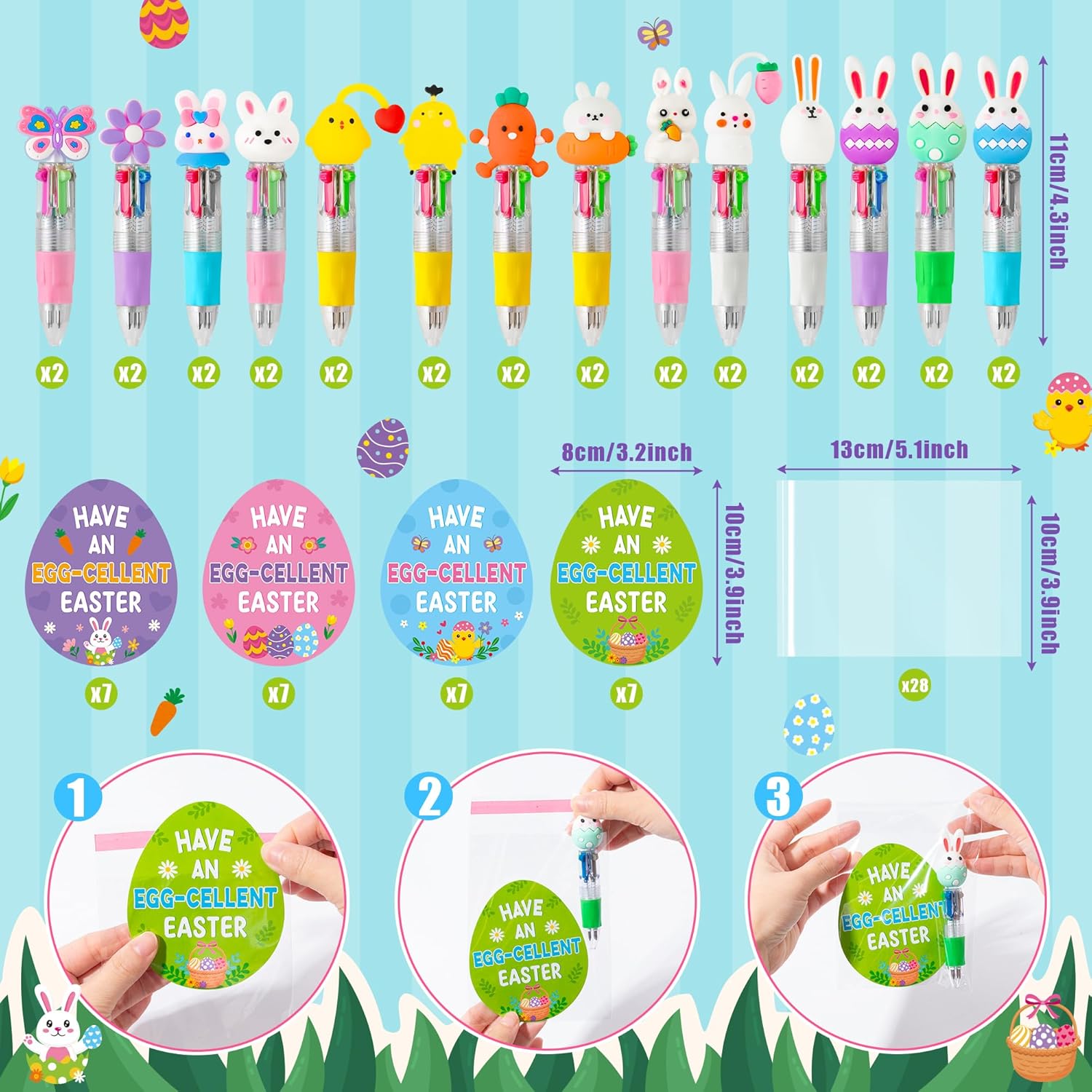 ANGOLIO 84PCS Easter Gifts Bulk Cartoon 4 in 1 Multicolor Ballpoint Pens with Greeting Cards for Easter Party Favors Basket Stuffers Goodie Bag Filler School Supplies Students Rewards Classroom Gifts