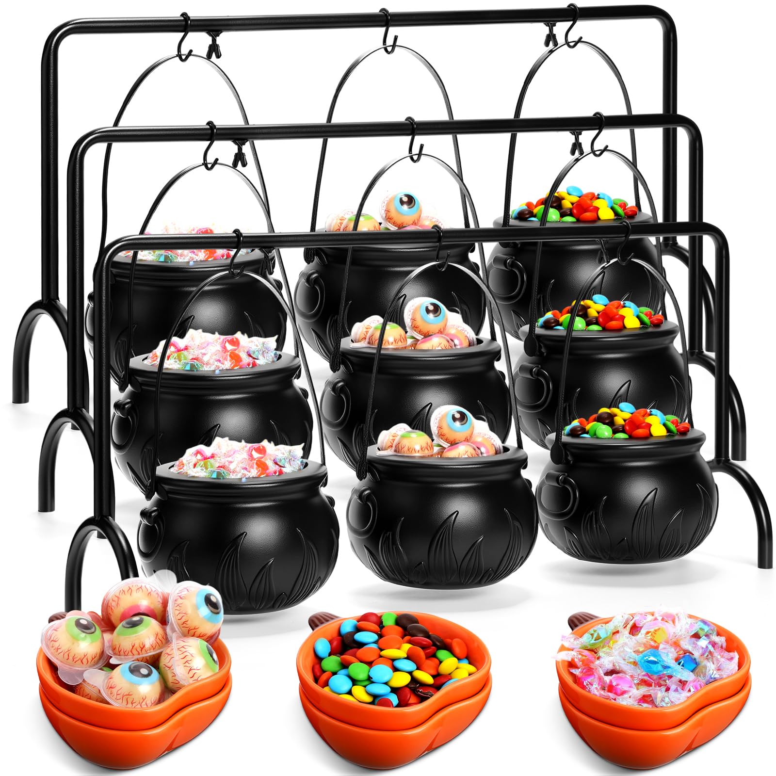 Jingmore 9 Stück Halloween-Party-Dekorationen, 3 Keramik-Hexenkessel, 6 Stück 170 ml Keramik-Schalen, Kürbisförmige Teller für Halloween, Zuhause, Küche, Servieren, Dip-Sauce, Gewürze und Snacks