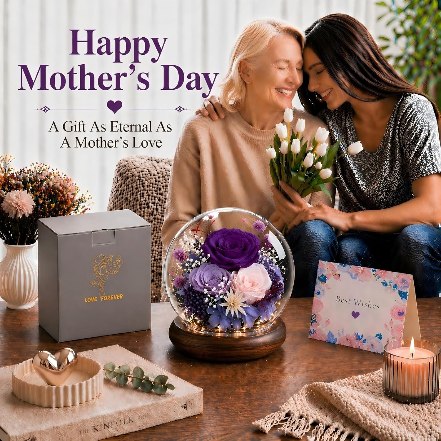 fiaco mothers day flowers gifts for mom flowers for delivery prime birthday gifts for women grandma gifts forever preserved fresh eternal rose in glass dome for girlfriend wife her a-purple