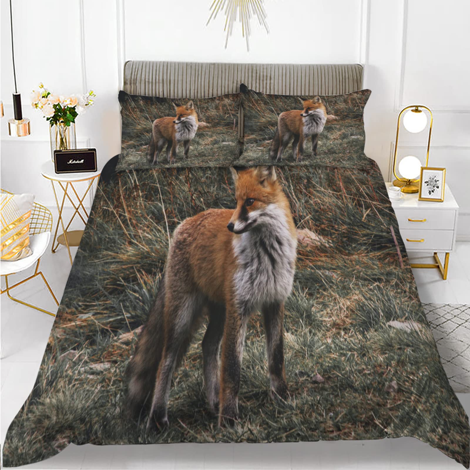 Housse de couette 160x200 renard gris en microfibre avec 2 taies d'oreiller