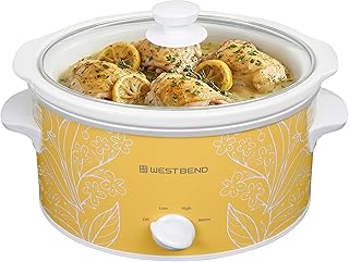 West Bend 4-Quart Manual Slow Cooker with 3 Cooking Settings, Dishwasher-Safe Ceramic and Glass Lid, 210 Watts, Yellow